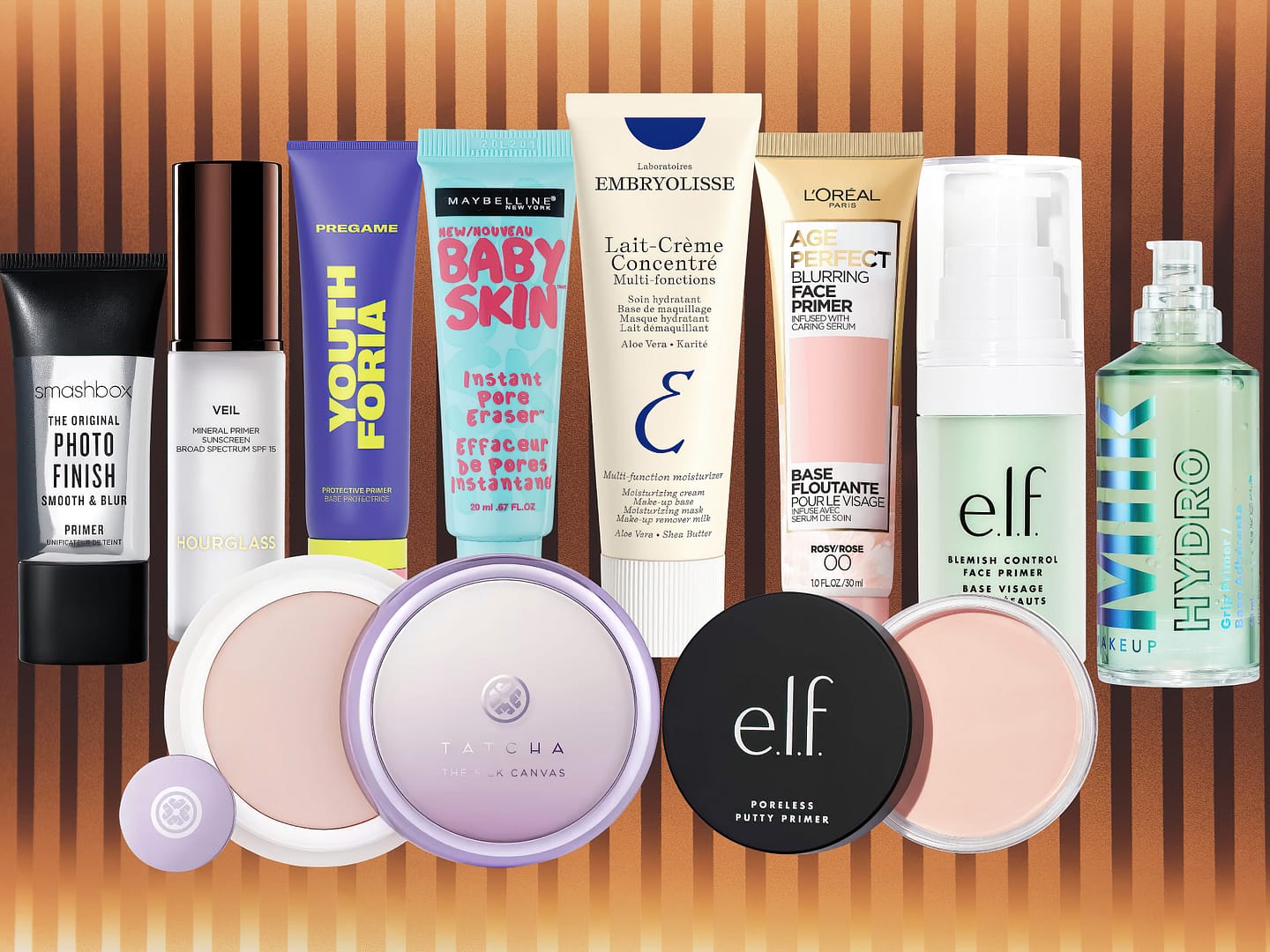 An array of the best face primers for makeup application on a dark chocolate and orange vertical striped background