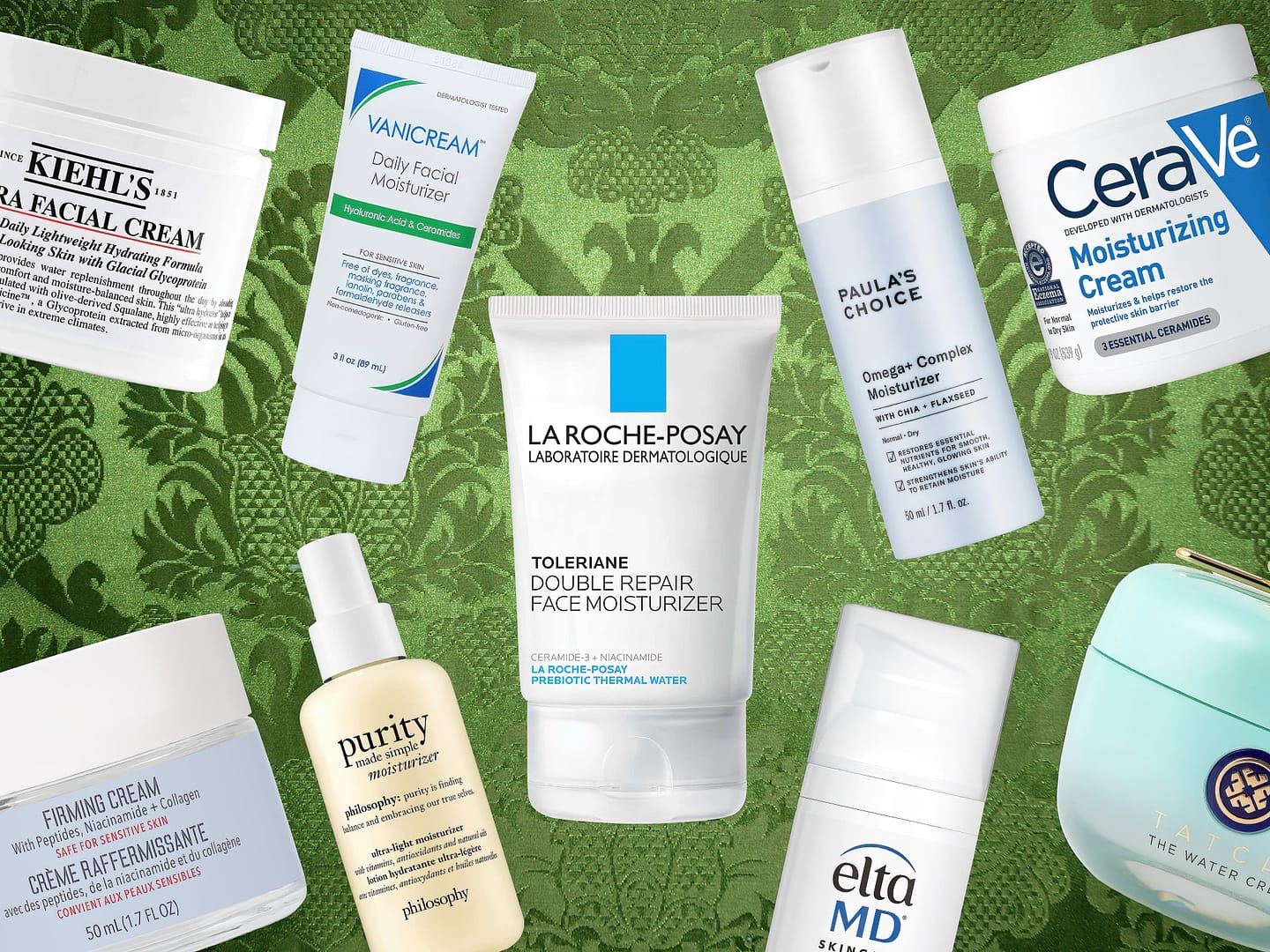An assortment of the best moisturizers from various brands arranged on a decorative green background