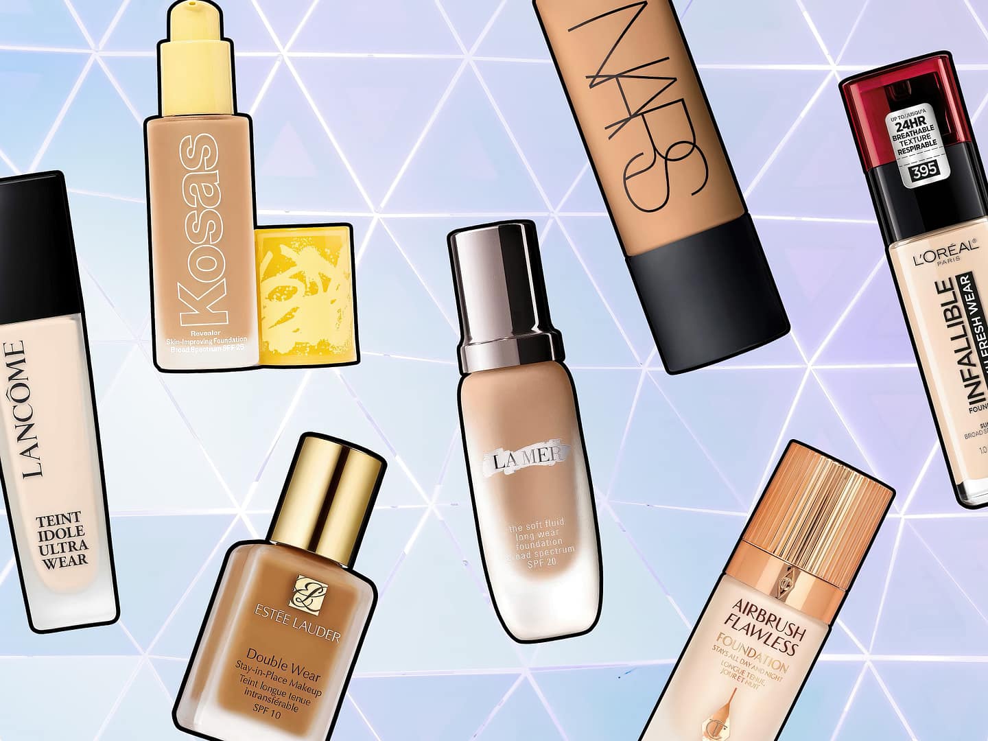 Assorted brands of the best foundations displayed on a geometric background