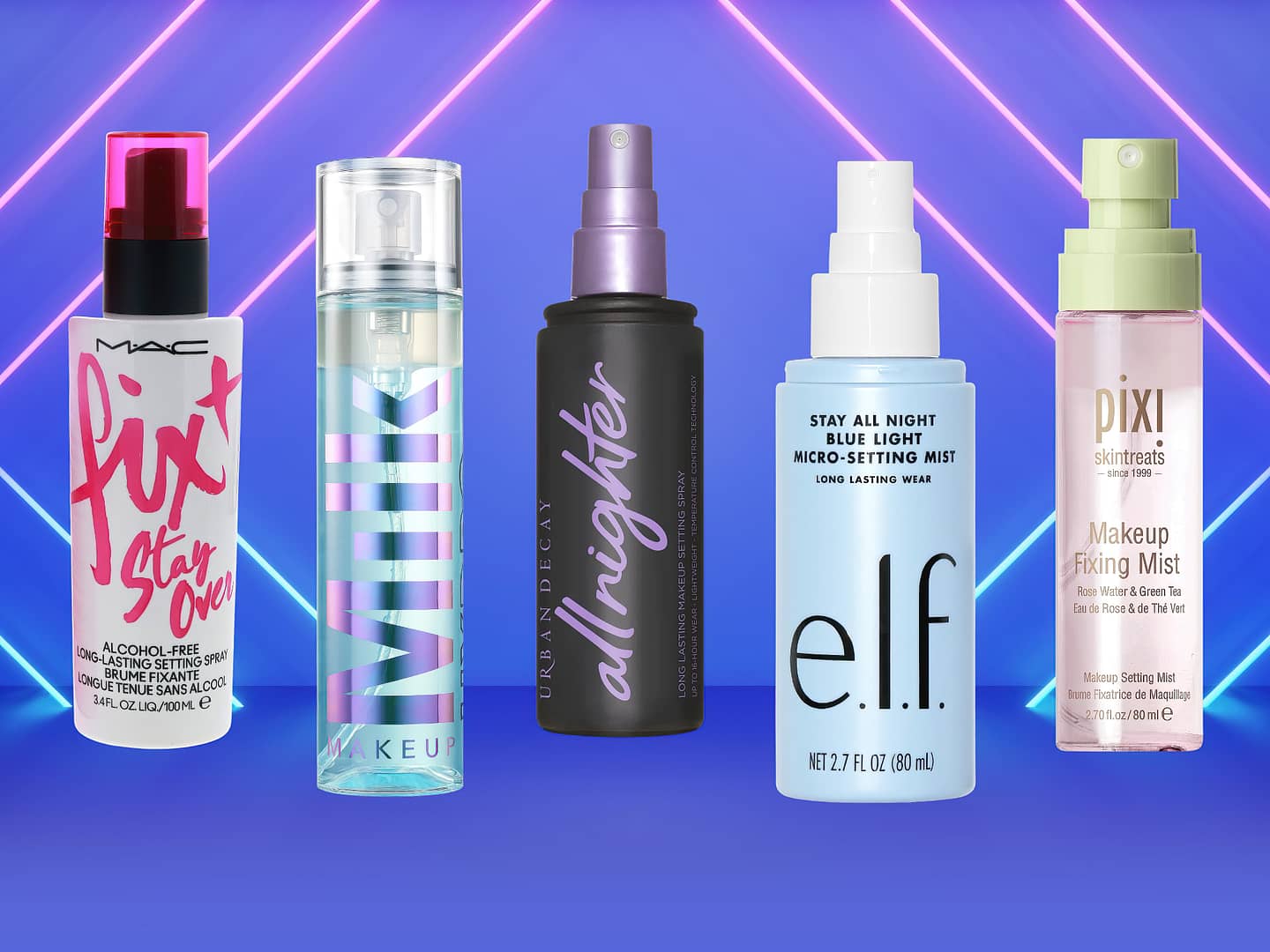 Five different brands of the best makeup setting spray bottles against a neon-lit background