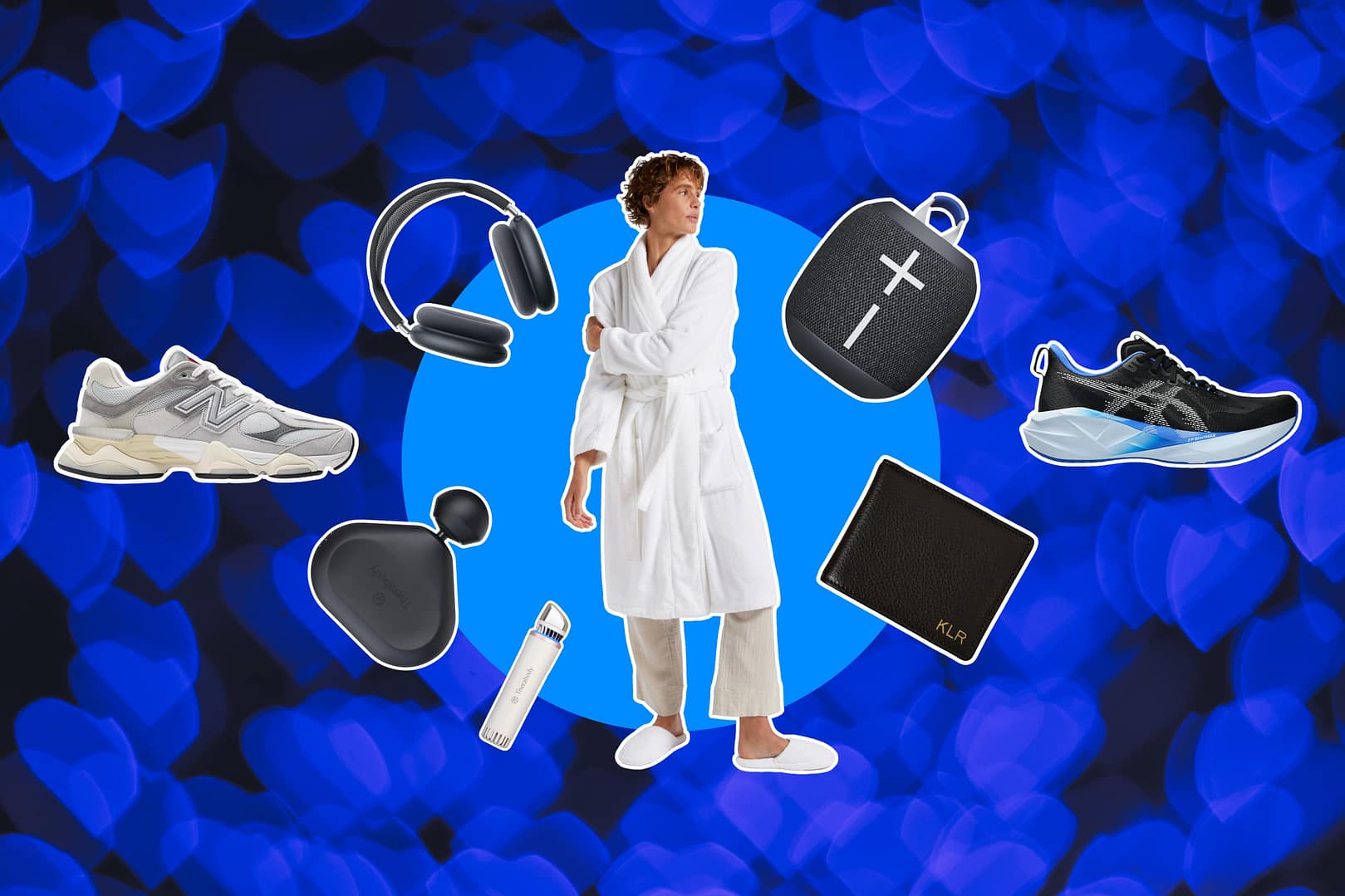 Man in a bathrobe surrounded by headphone, portable speaker, running shoe, sneaker, a depuffing wand, and massage gun on a blue heart-patterned background—truly the best Valentine’s Day gifts for him