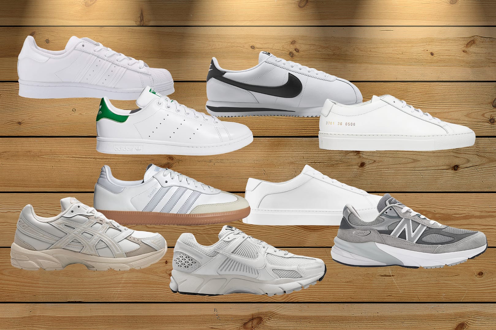 A variety of women's white sneakers are displayed on a wooden surface, showcasing different brands and designs in mostly white and neutral tones
