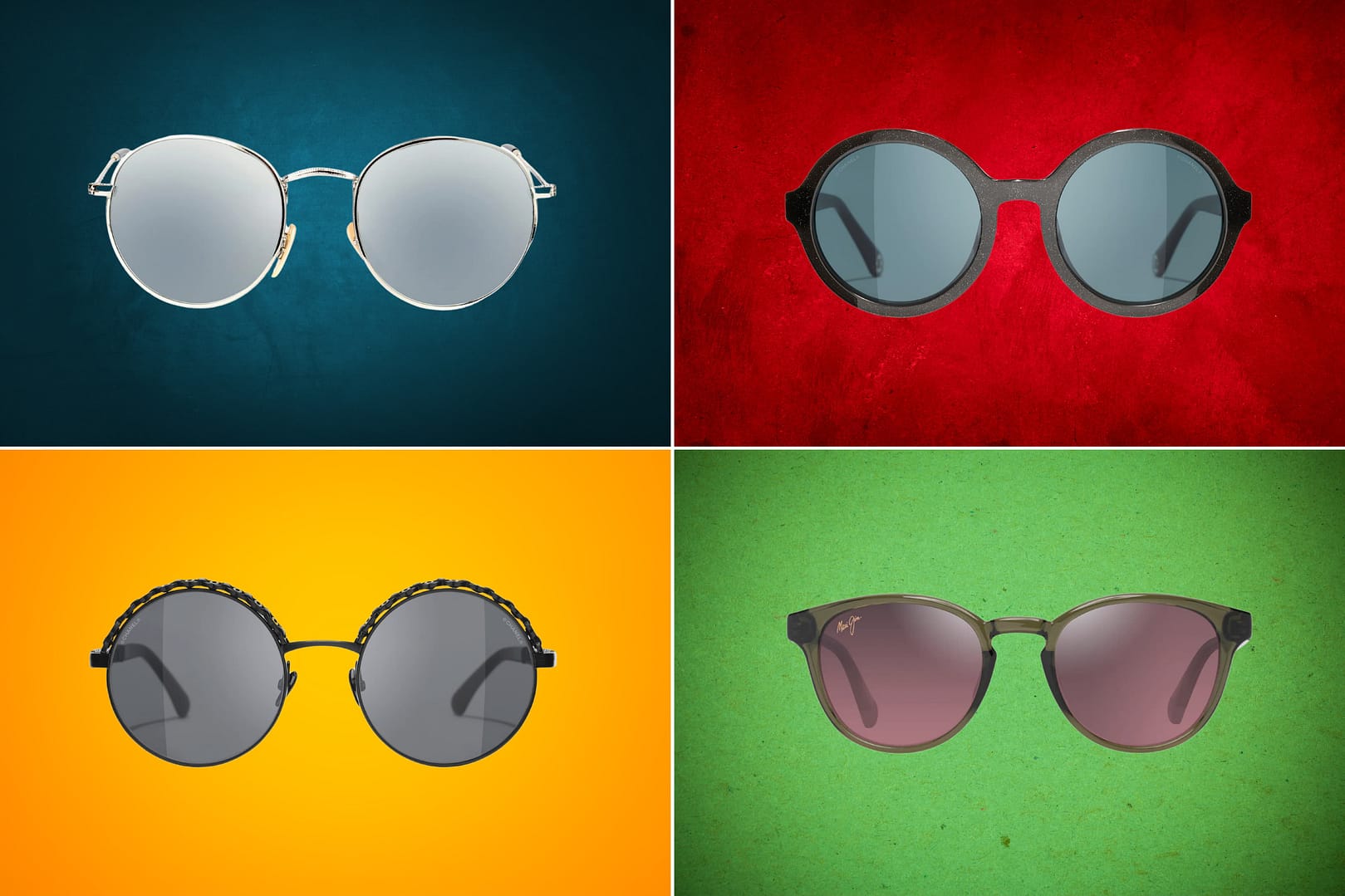 Discover the best sunglasses for diamond-shaped faces with these stylish options: silver round lenses on teal, classic black on red, chic dark frames with a chain on orange, and elegant brown with metal details on green—all perfectly suited to enhance your unique facial features