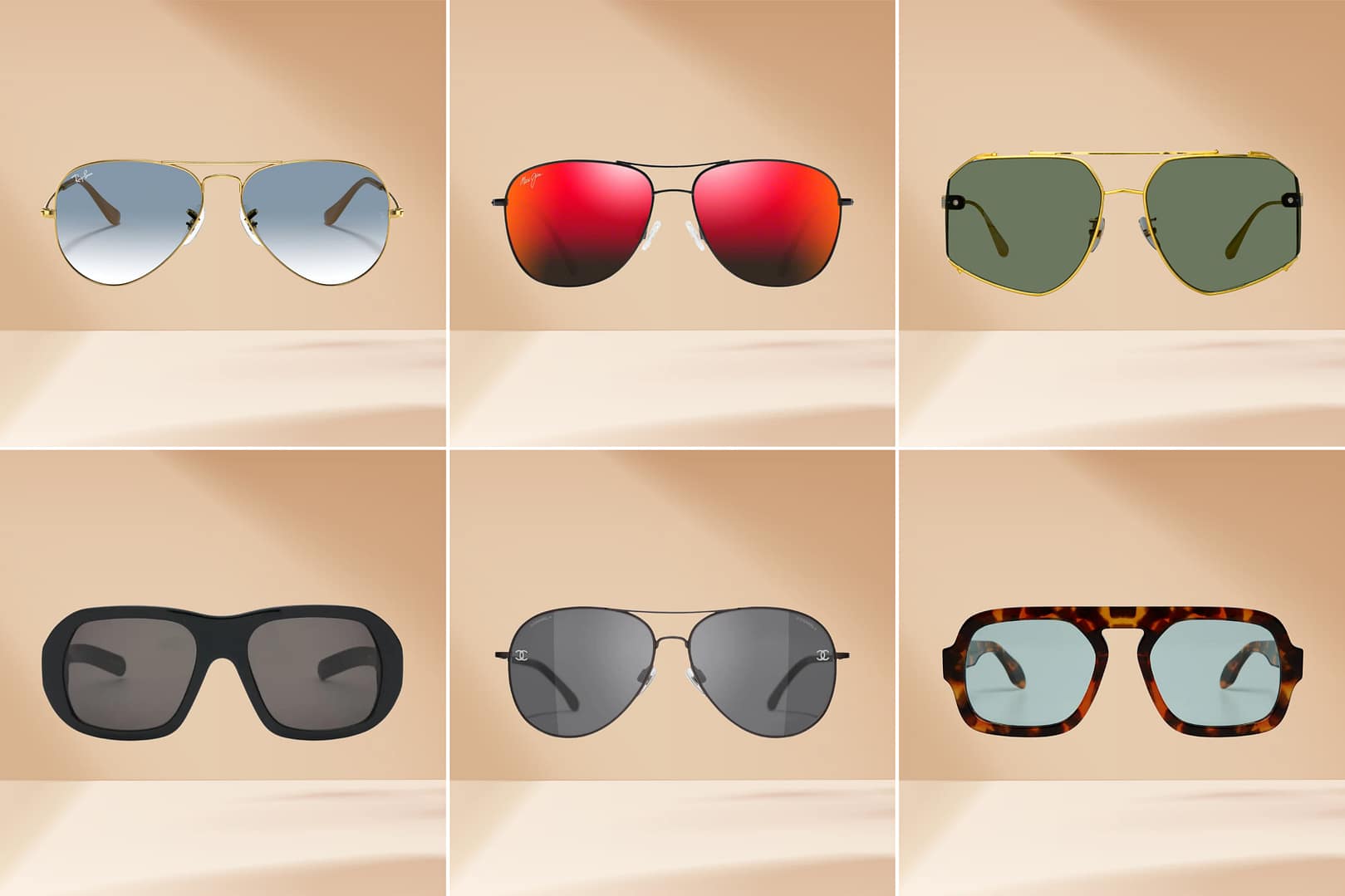 A grid of six sunglasses on a beige background showcases the best sunglasses for round faces, with various styles like aviators, round, and square frames in vibrant colors such as red, black, and tortoiseshell