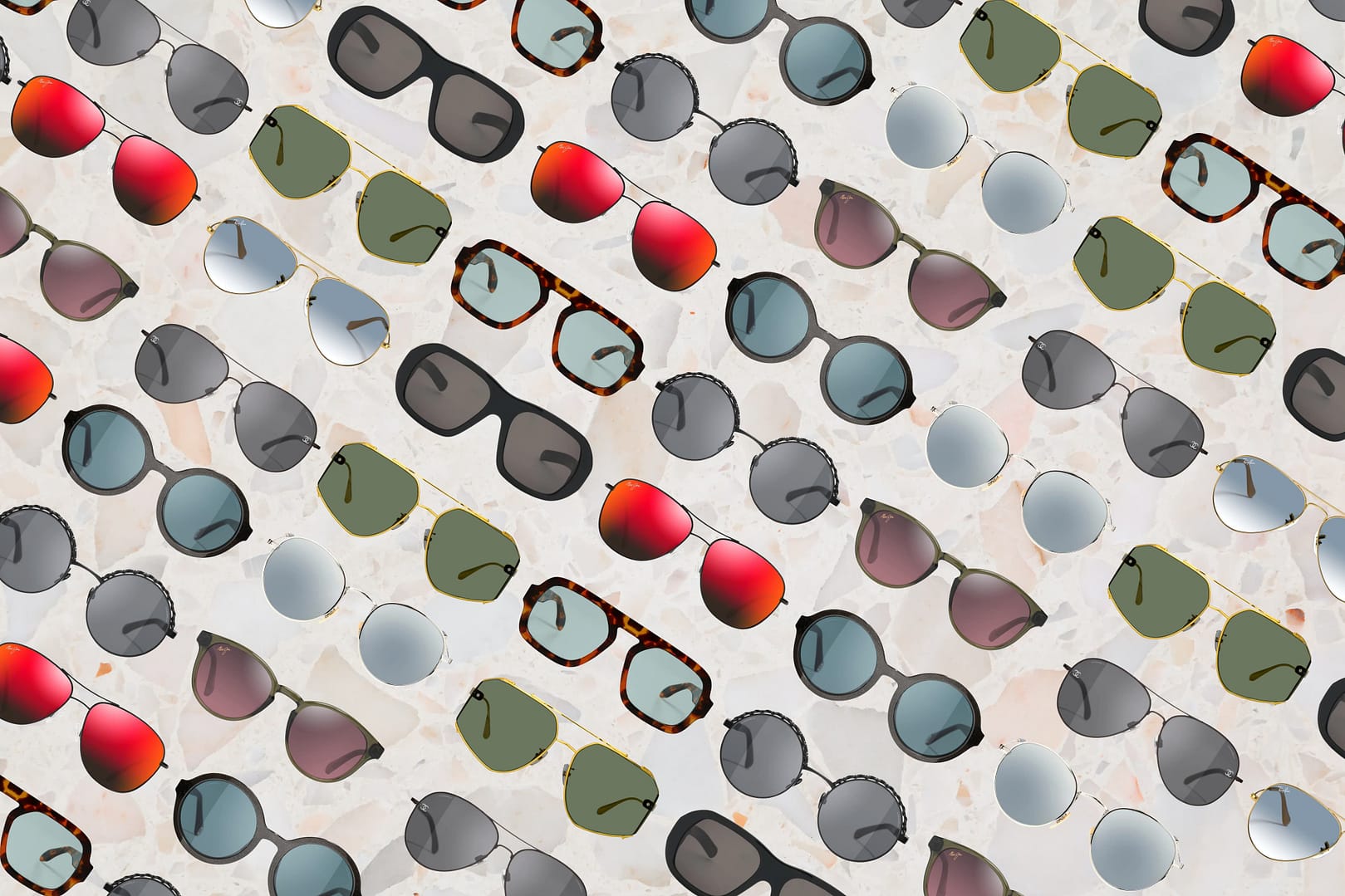 A variety of the best women's sunglasses, featuring different frame shapes and colored lenses, are scattered on a light background