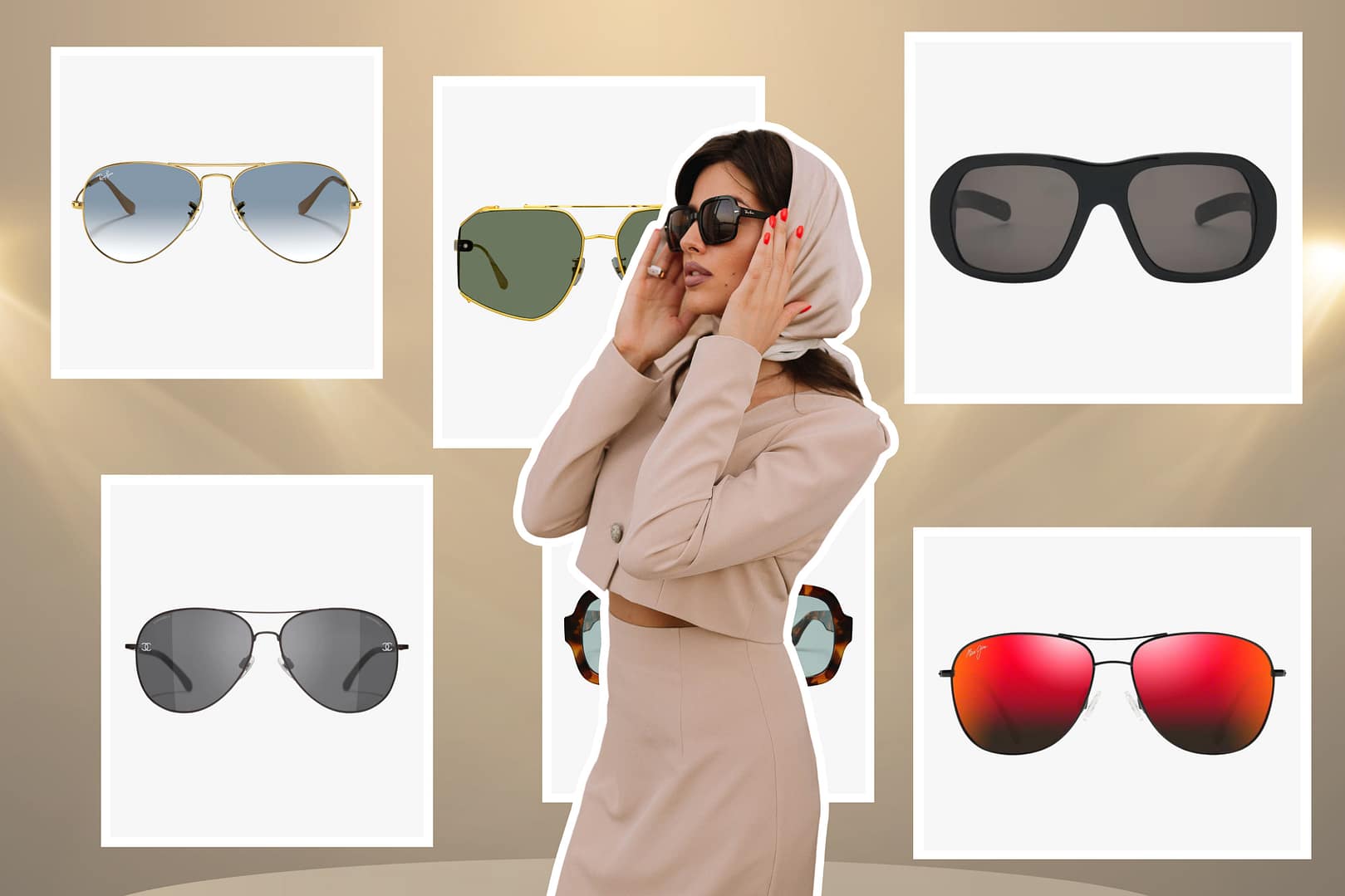 Woman in a chic beige outfit and sunglasses stands confidently among a selection showcasing the best sunglasses for oval faces, perfectly highlighting her fashion sense