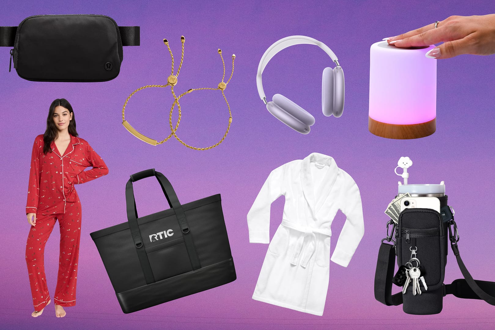 Various items including a pajama set, tote bag, AirPods Max headphones, friendship bracelets, a robe, fanny pack, smart lamp, and water bottle carrier bag with keychain pouch against a purple background