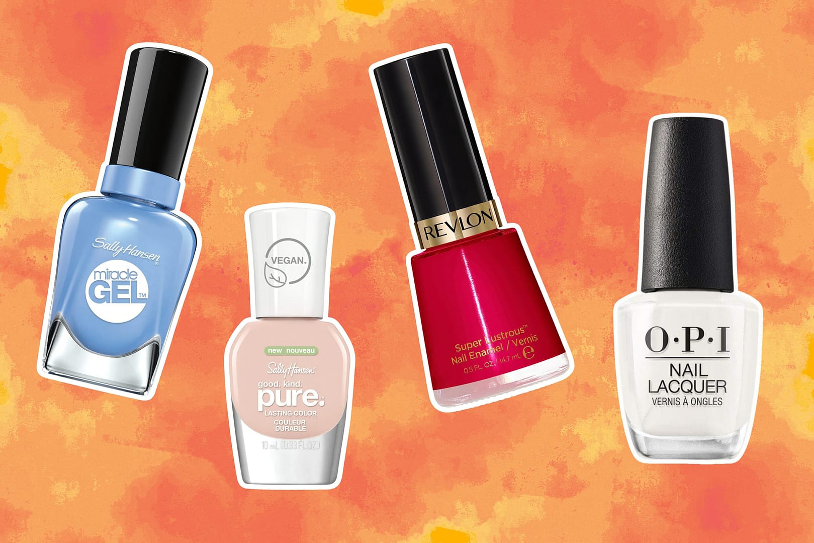 Four of the best nail polishes in a range of colors (blue, nude, red, white) from top brands like Sally Hansen, Revlon, and O.P.I. are displayed against an orange background
