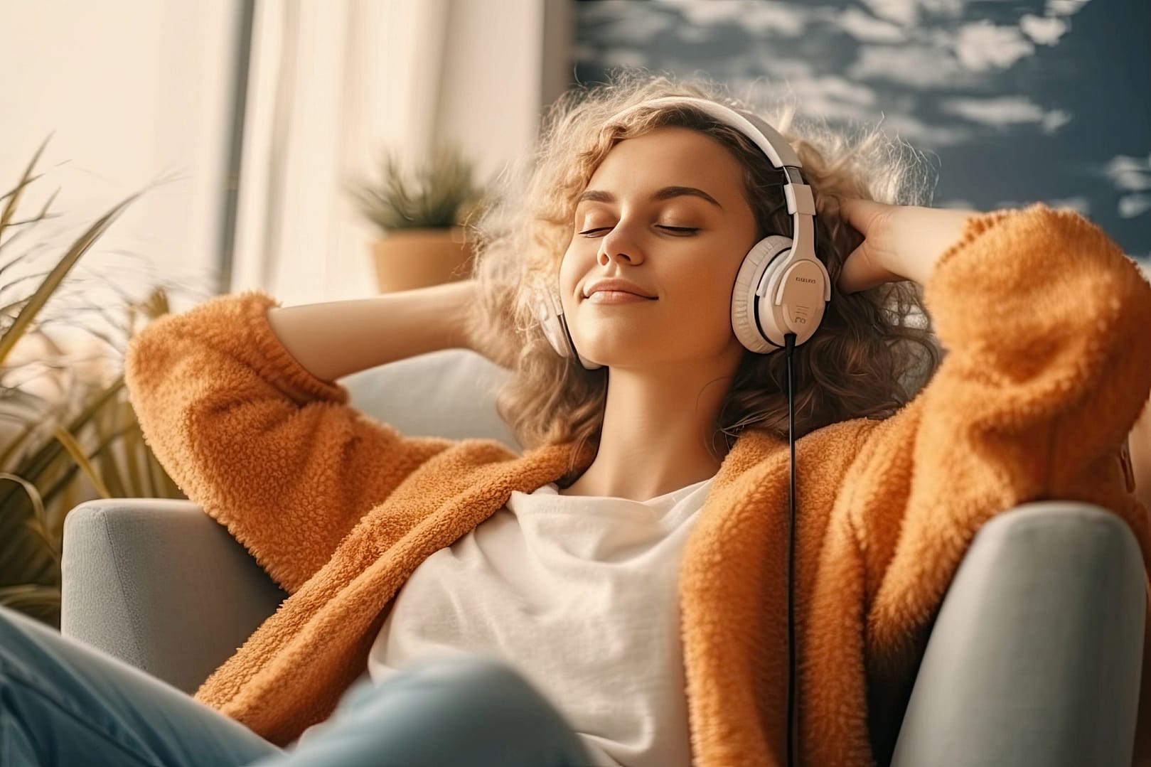 Woman in headphones sitting on sofa listening to music at home