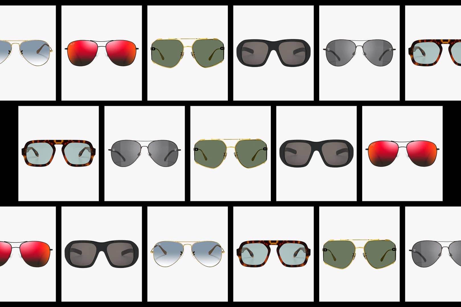 A grid of the best sunglasses for triangle-shaped faces, showcasing diverse styles like aviators, wayfarers, and tortoiseshell designs with lenses in shades of red, gray, and green