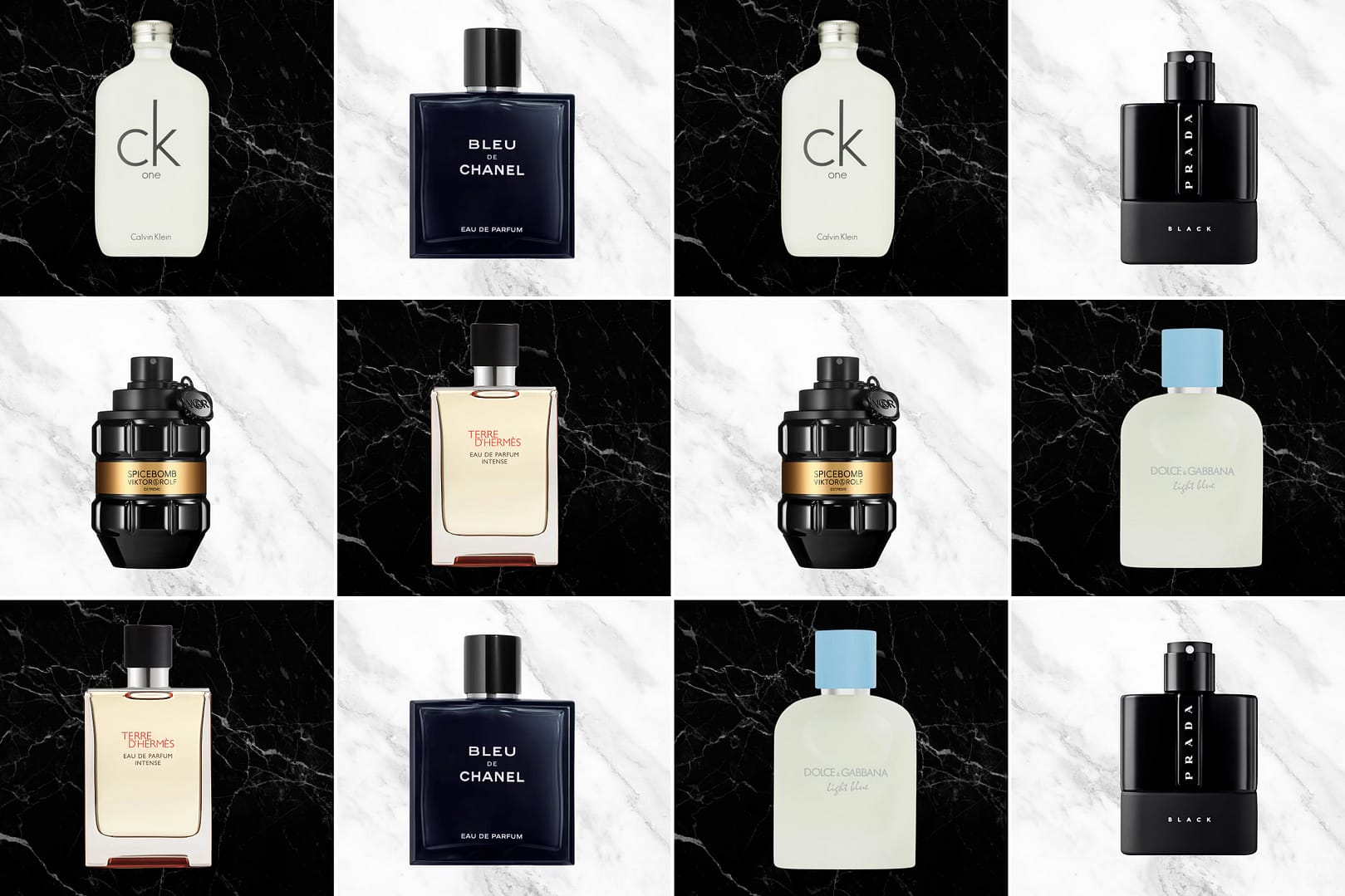 A grid of twelve bottles featuring the Best Colognes for Men—CK One, Bleu de Chanel, Viktor&Rolf Spicebomb Extreme, Terre d’Hermès, Prada Luna Rossa Black, and Dolce & Gabbana Light Blue—artfully arranged on a black and white tiles marble background