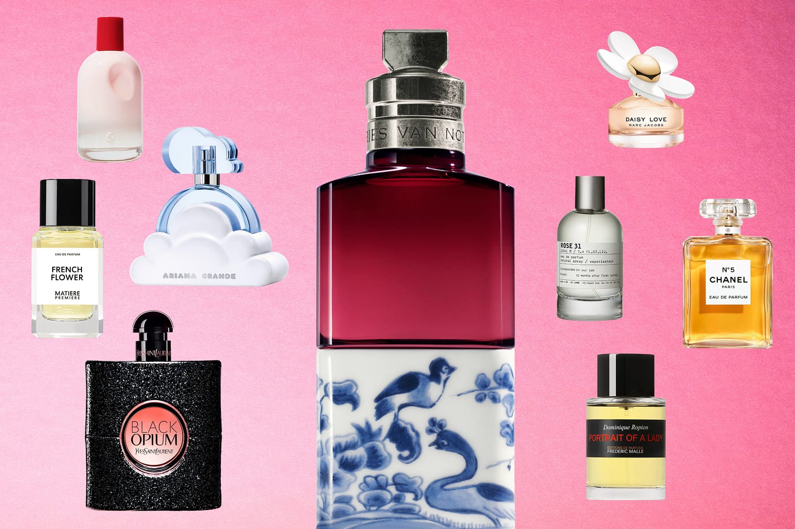 A collection of nine perfume bottles, featuring some of the best perfumes for women, arranged in various shapes and sizes on a pink gradient background