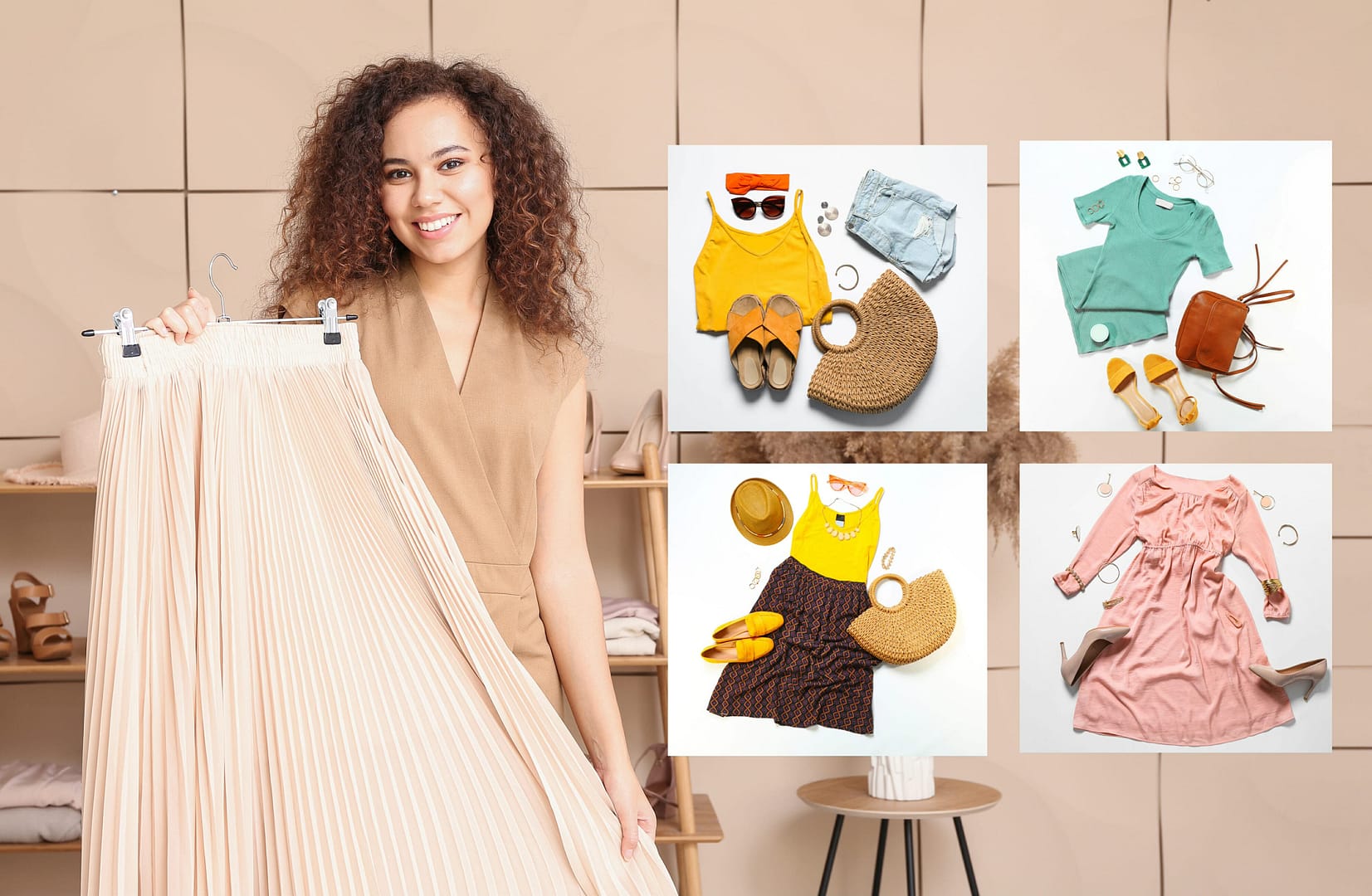A woman holds a pleated skirt in a clothing studio. Next to her are four outfit flat lays: one yellow top, one green top, a pink dress, and coordinating accessories on display