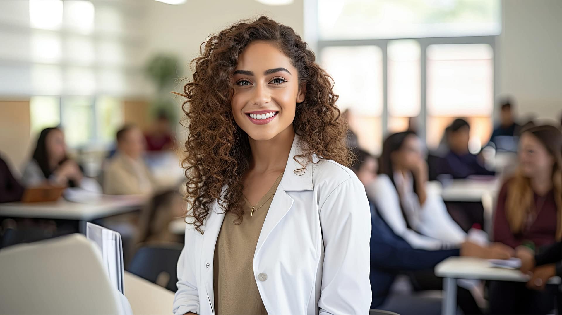 A portrait of confident doctor standing front row in seminar room