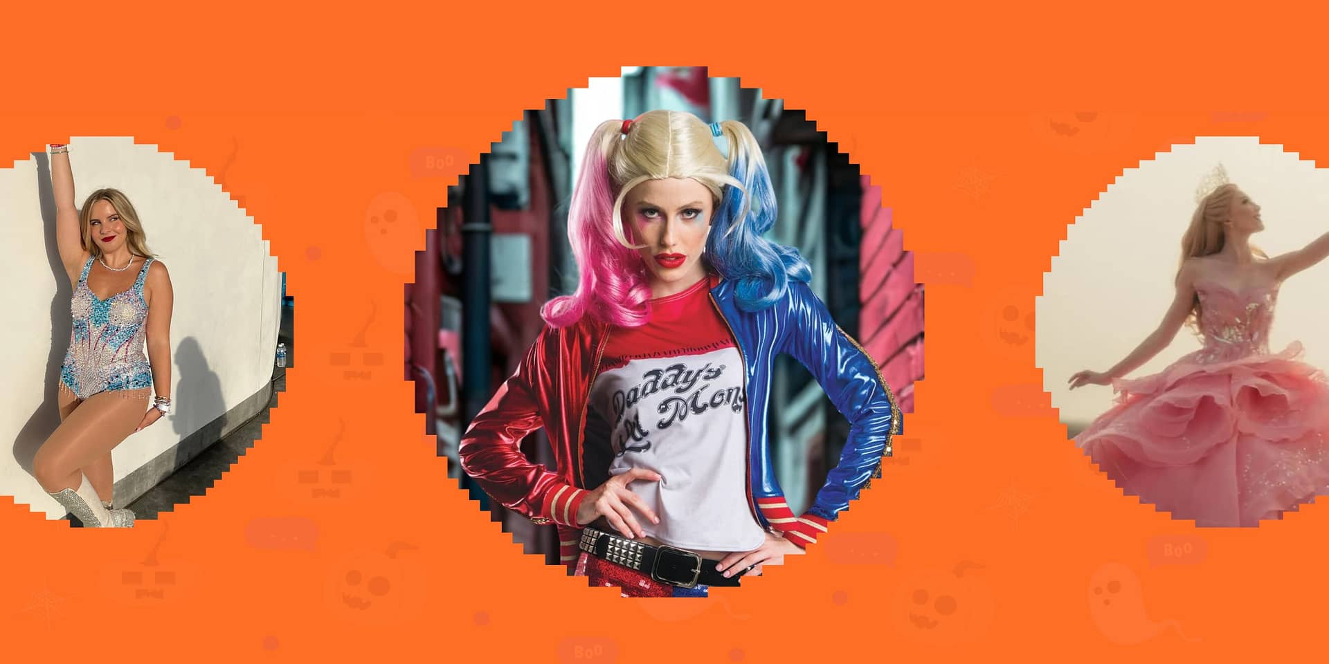 Illustrated collage of women's halloween costumes