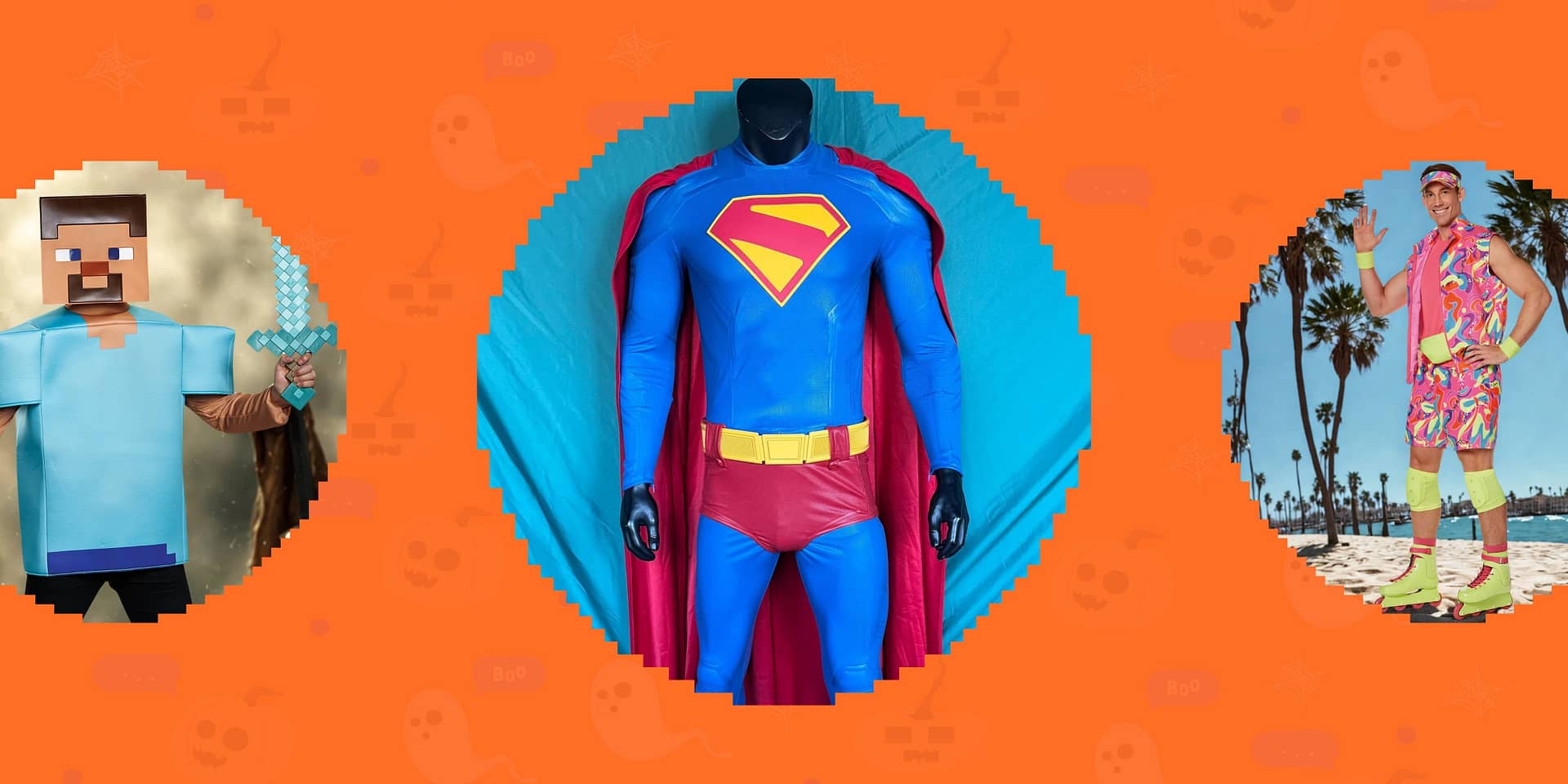 Illustrated collage of men's halloween costumes