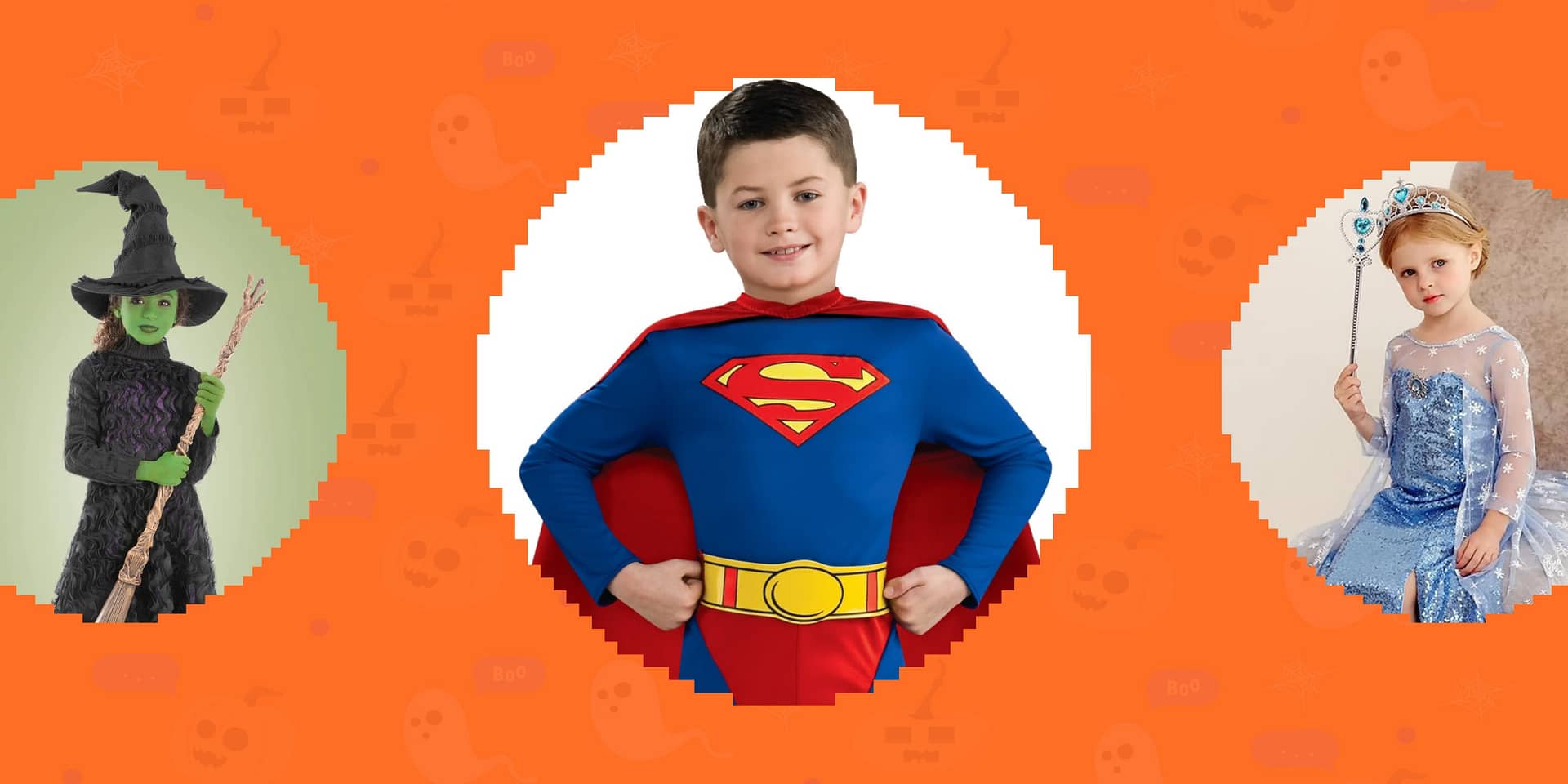 Illustrated collage of kids' halloween costumes