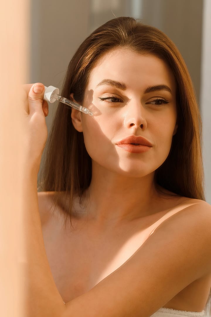 A beautiful young woman uses a moisturizing anti-aging facial serum in the bathroom