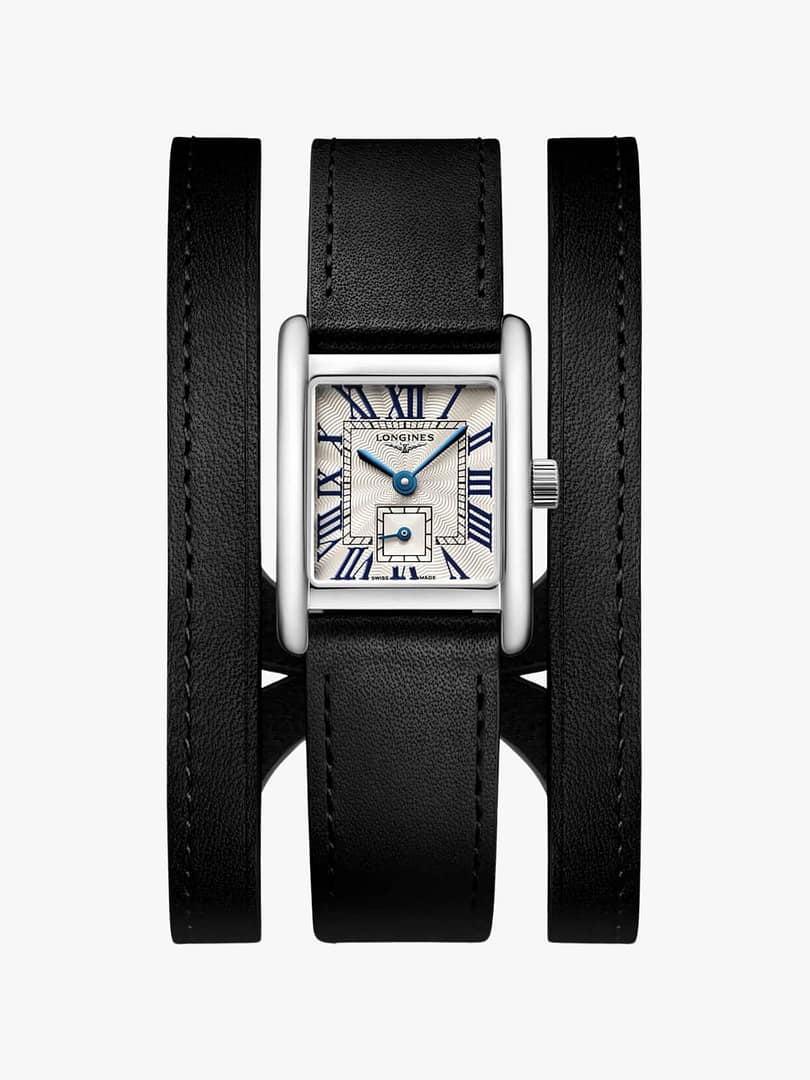 Longines Mini DolceVita Silver Dial Black Leather Strap Watch