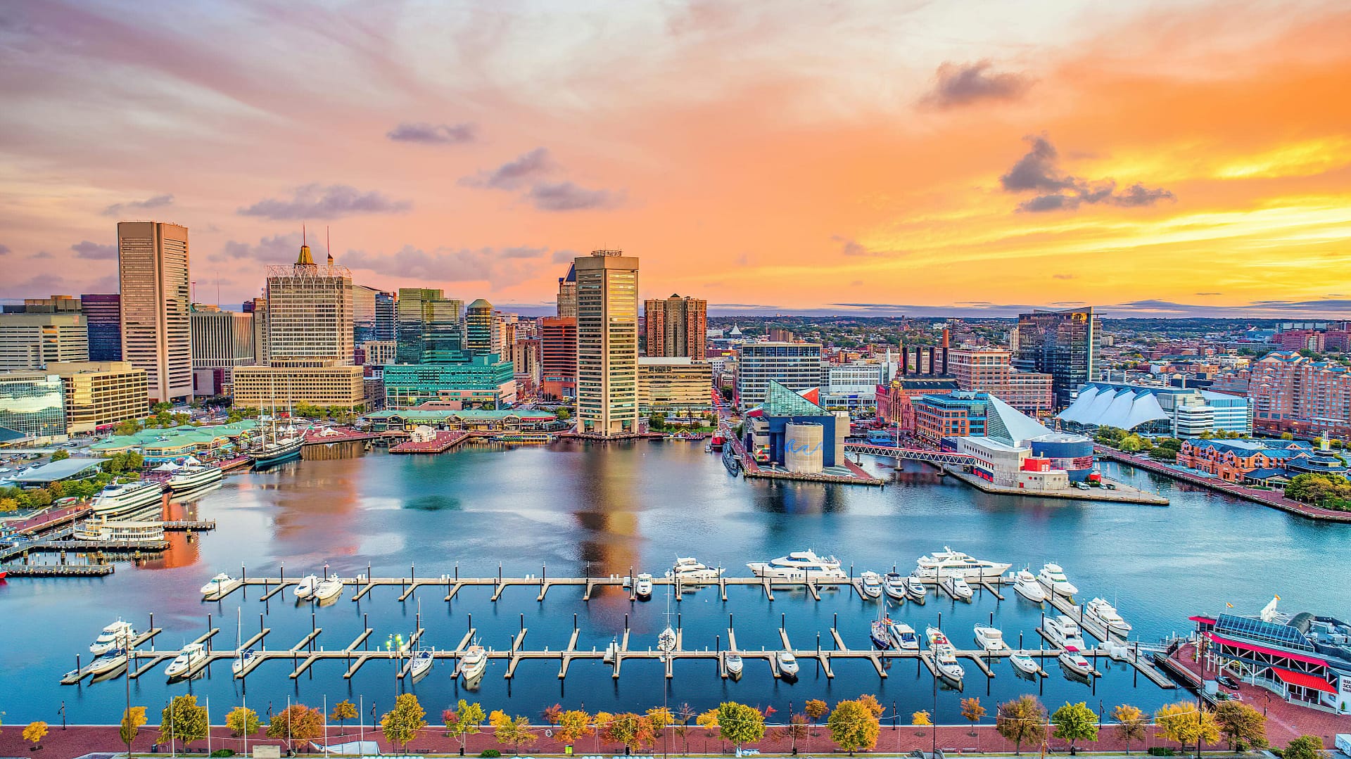 Aerial view of Baltimore, Maryland MD Inner Harbor