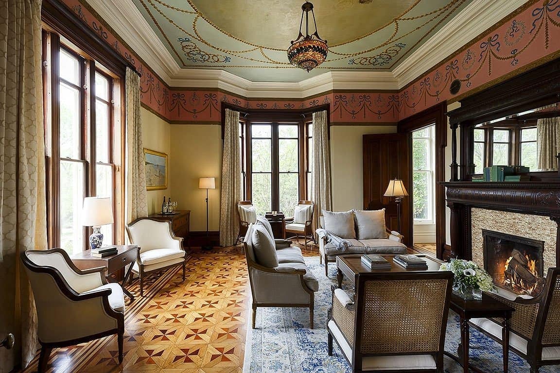 Living room view of Spicer Mansion