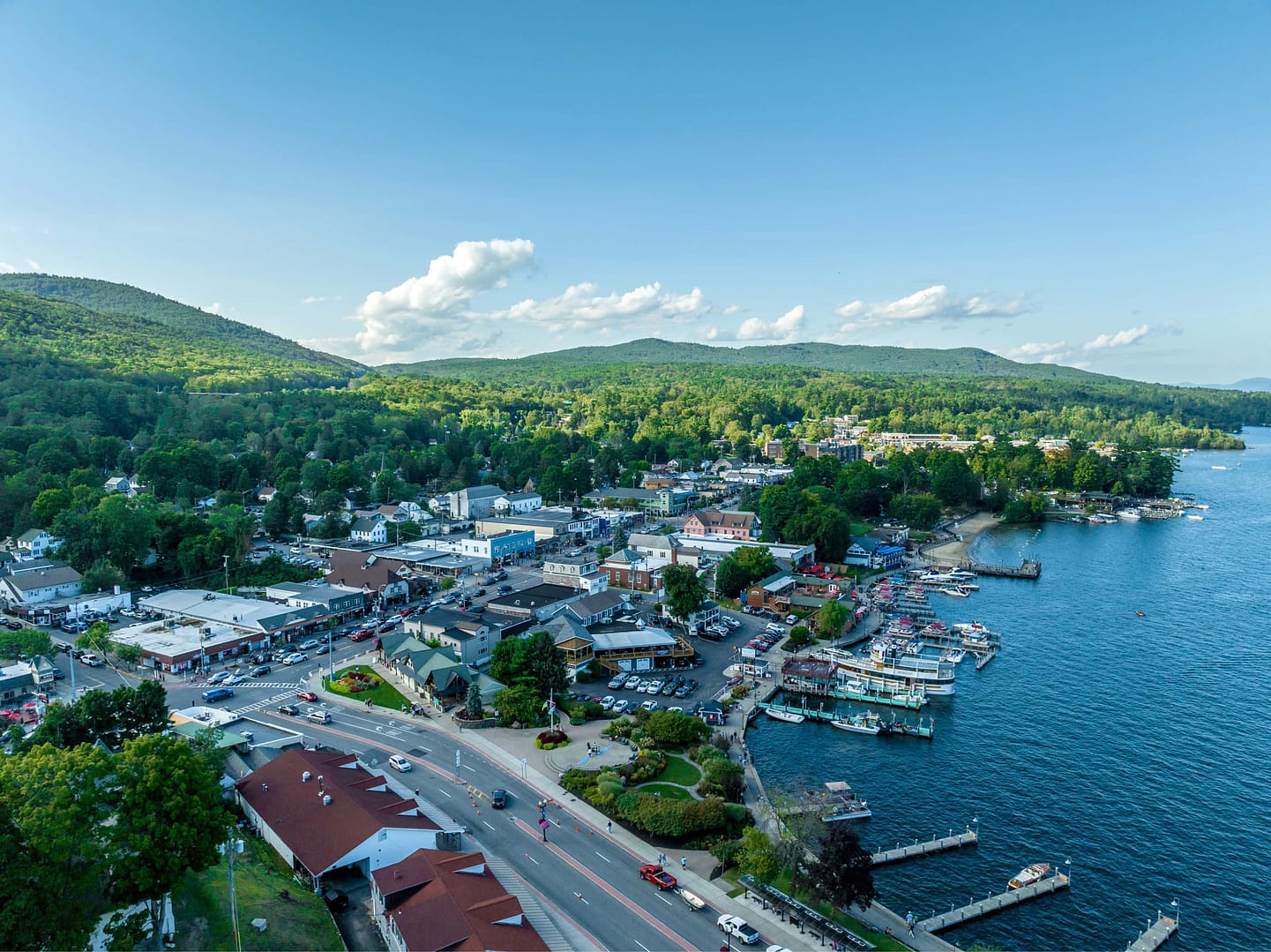 Aerial view of Lake George, New York popular summer vacation destination with colonial wooden fort William Henry