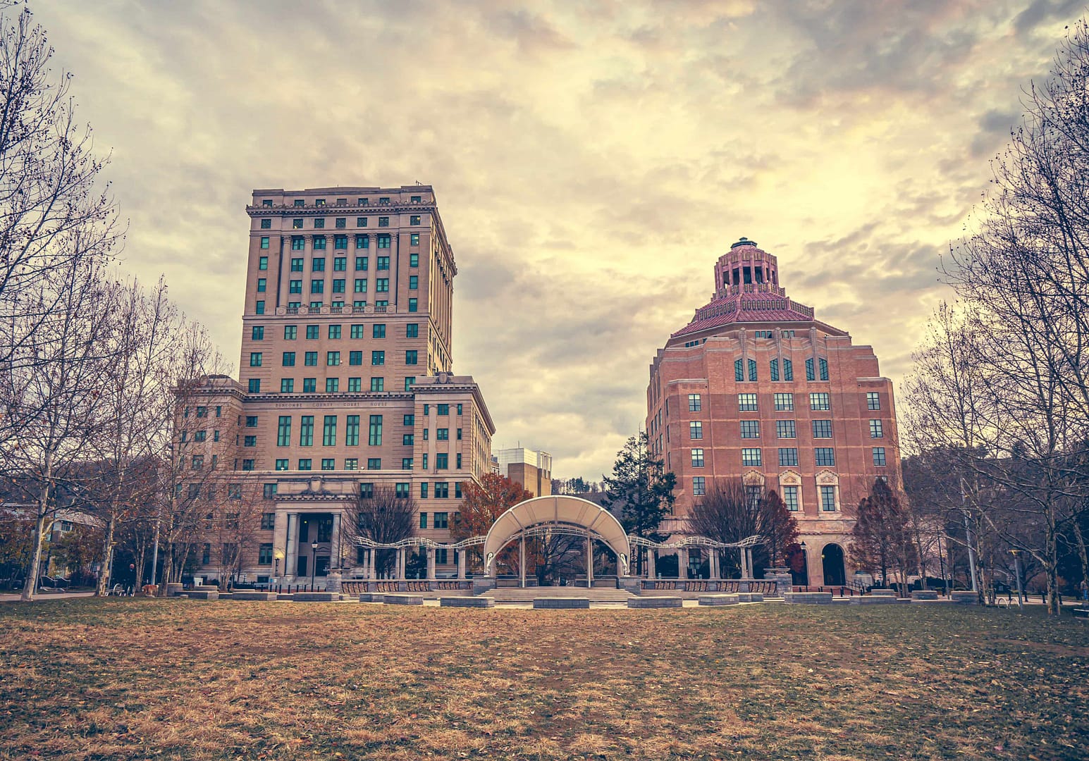 Buncombe County Courthouse and Asheville City Hall, in Asheville, North Carolina, cloudy day