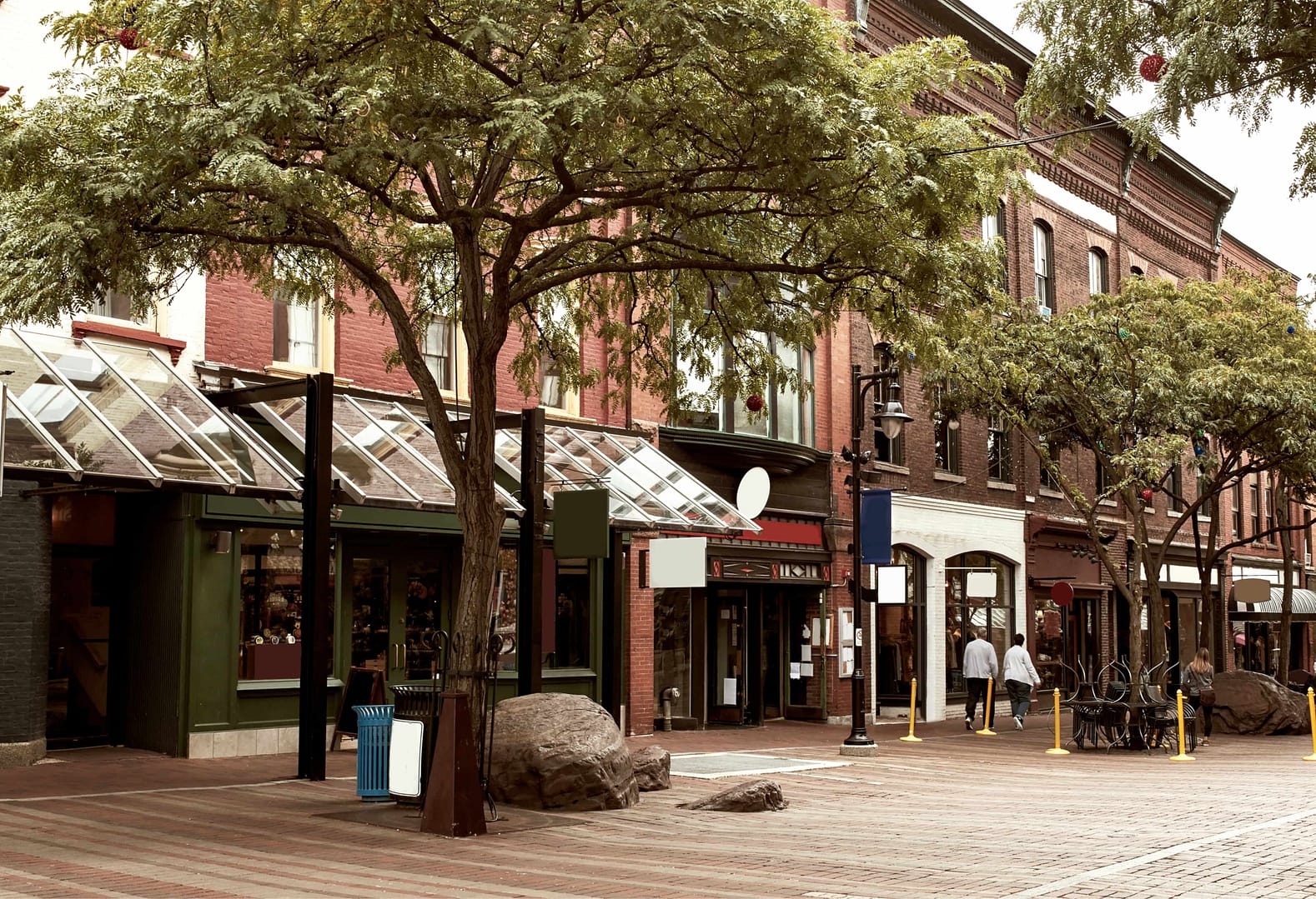 Retail stores and restaurants along pedestrian shopping mall, Church Street Marketplace, in Burlington, Vermont