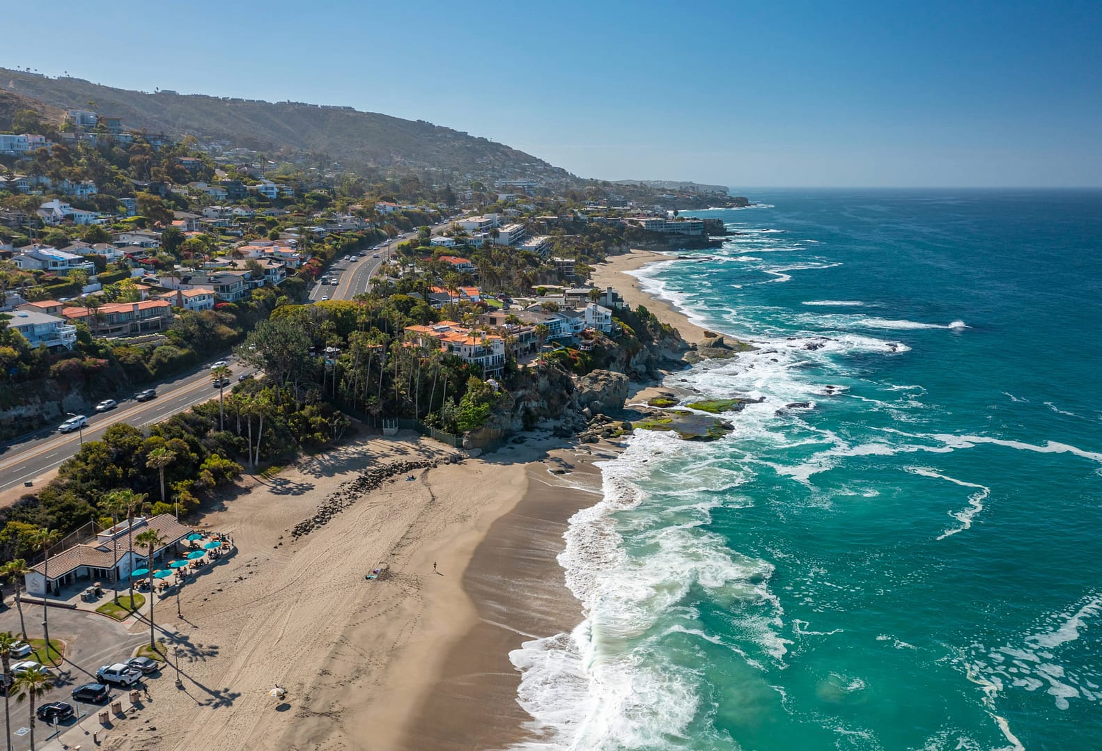 Aerial view of Laguna Beach, California Coastline, hovering above Aliso Creek Beach