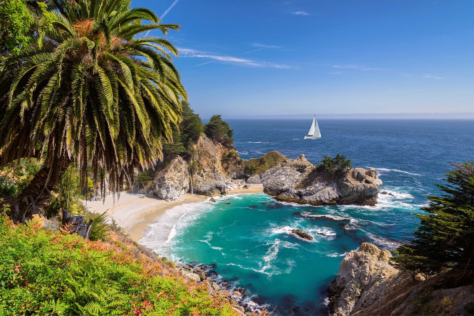 Beautiful beach with palm trees and the white yacht on the horizon. Julia Pfeiffer beach, Big Sur