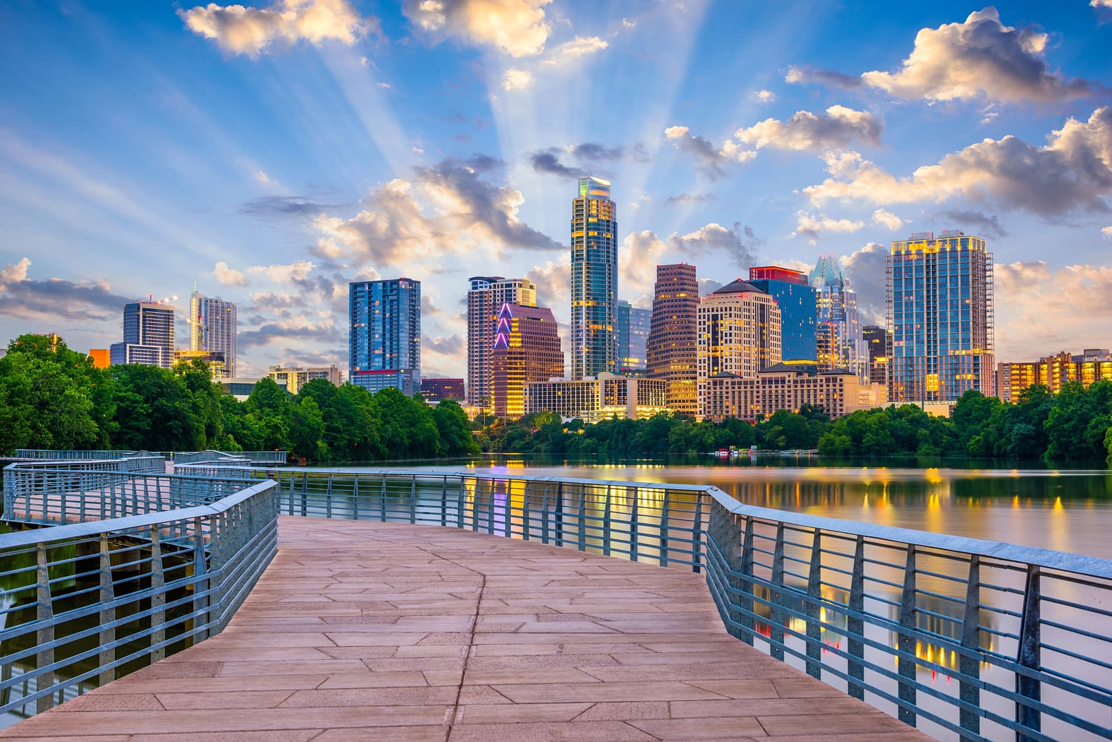 Austin, Texas, USA cityscape on the river and walkway