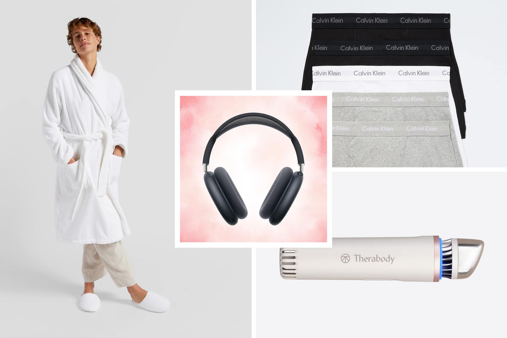 Draped in a white robe and slippers, he's lost in the music with his over-ear headphones. Five pairs of Calvin Klein underwear and a Therabody device nearby, it's clear—these are among the best Valentine’s Day gifts for him, offering luxury and comfort