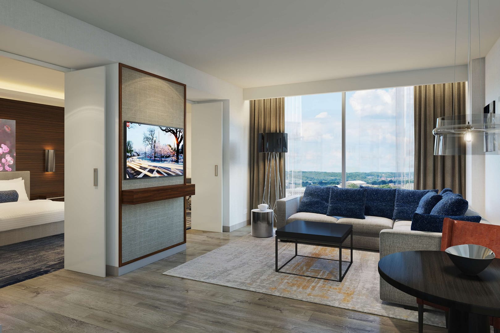 Living room view of Hilton Rochester Mayo Clinic Area