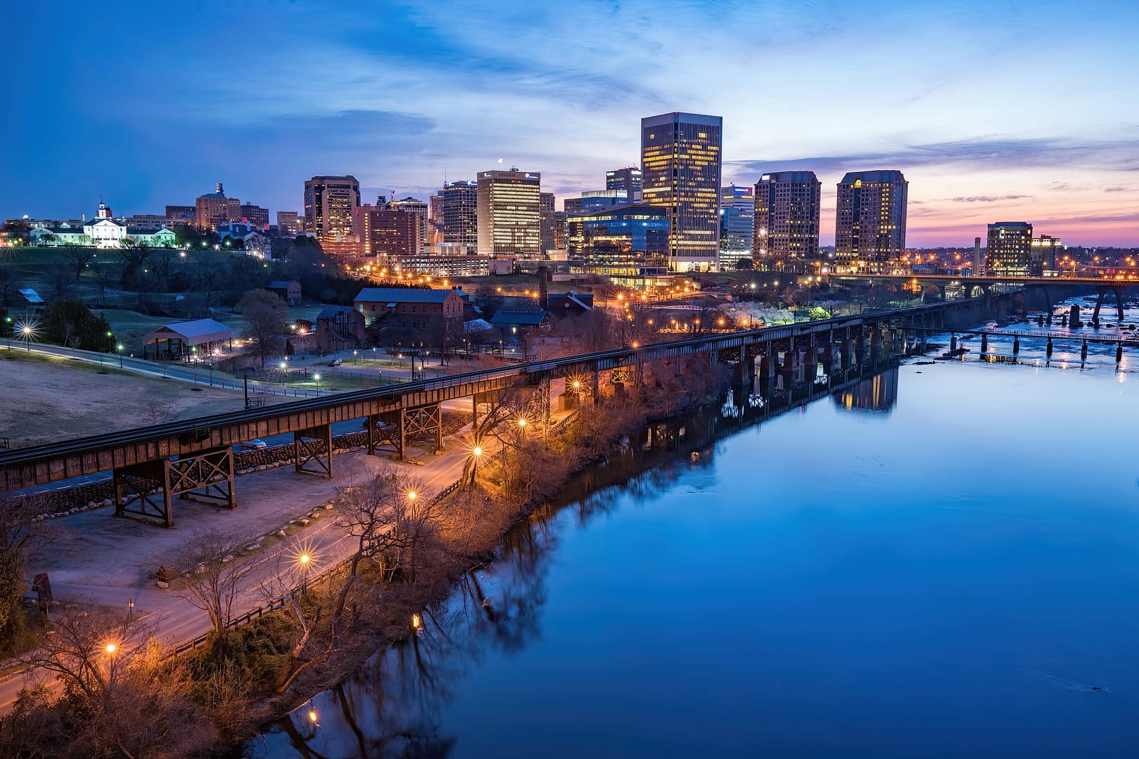 Richmond,Virginia night city skyline along the James River