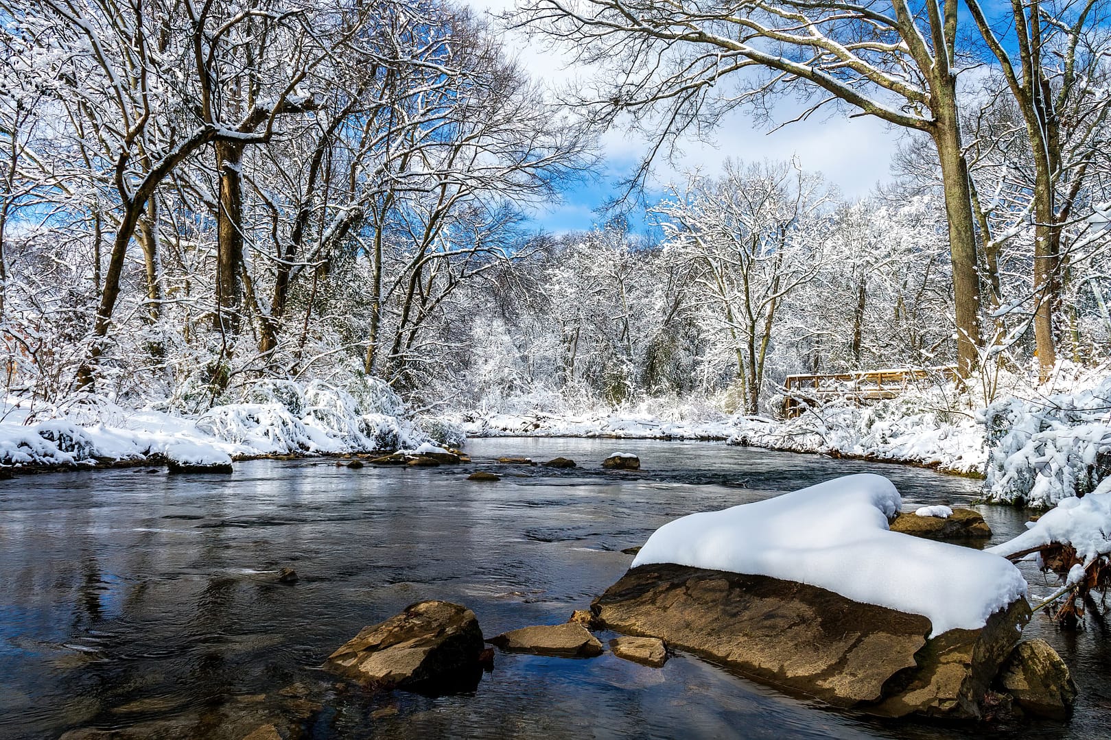 Rock with snow in Richland Creek, Nashville, Tennessee