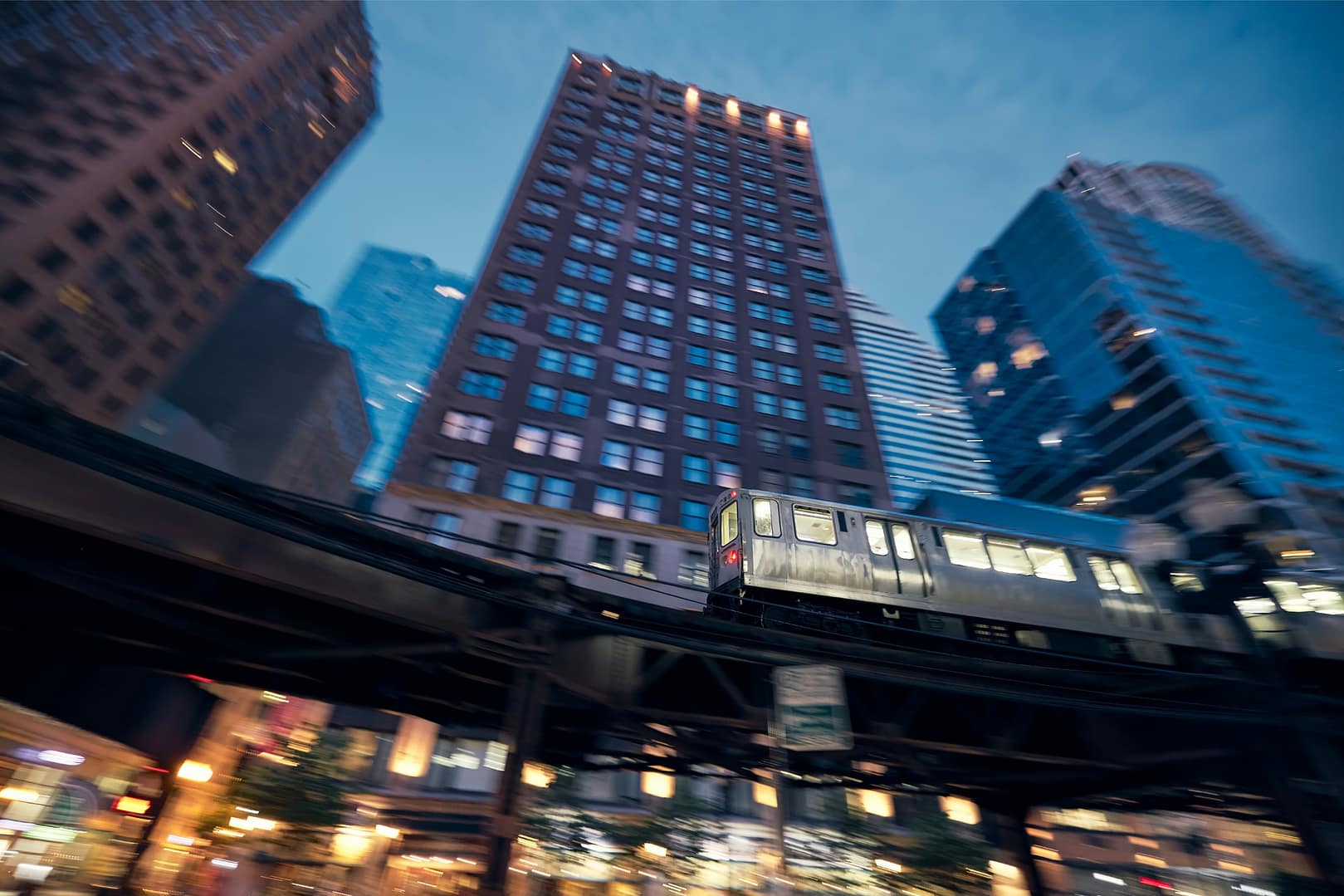 Elevated train in Chicago in blurred motion