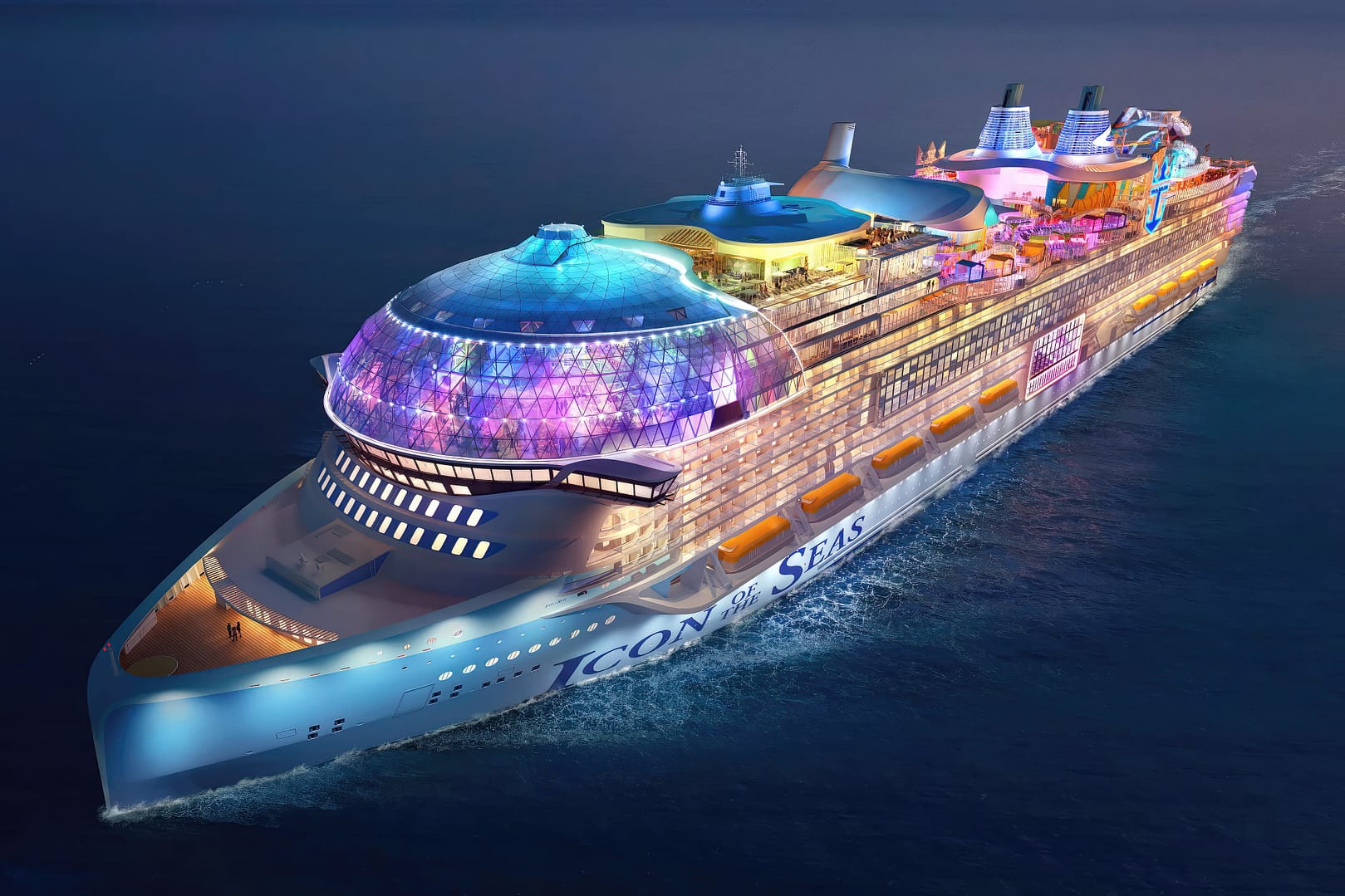 A brightly illuminated Royal Caribbean International Icon of The Seas cruise ship sailing at night, featuring a large glass dome and multiple decks with vibrant lights