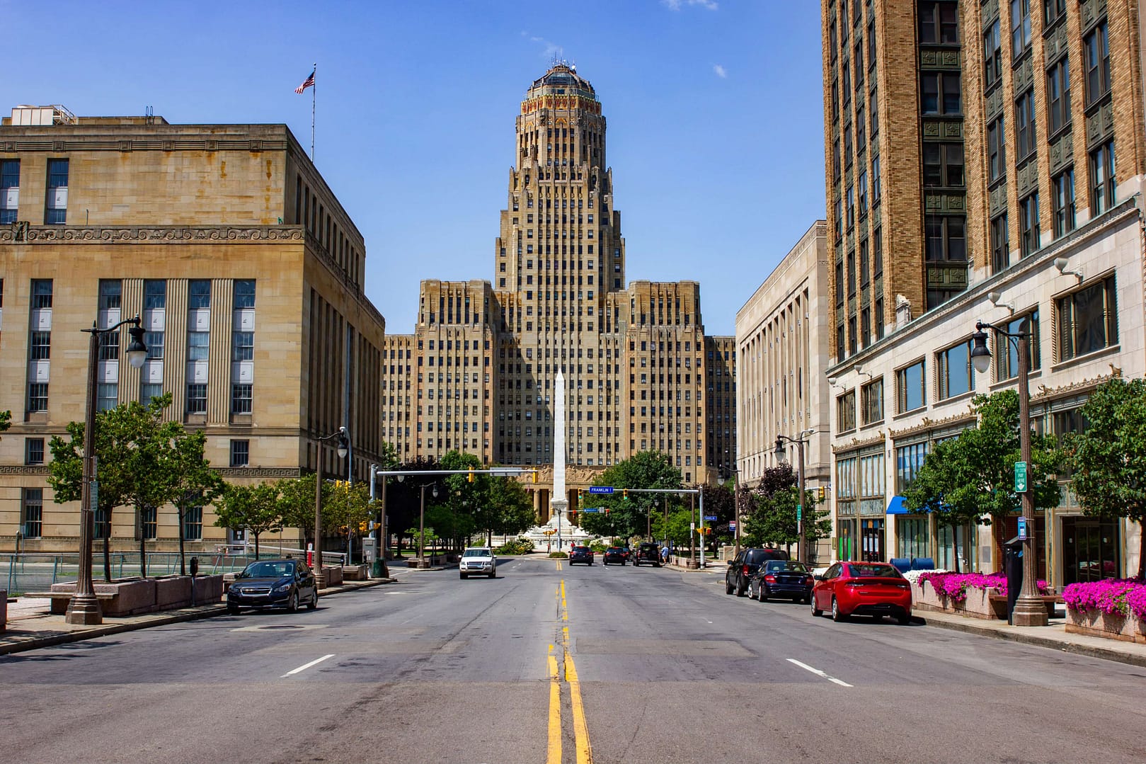 Buffalo City Hall and Niagara Square State of New York view from court Street during day time from the middle of the road