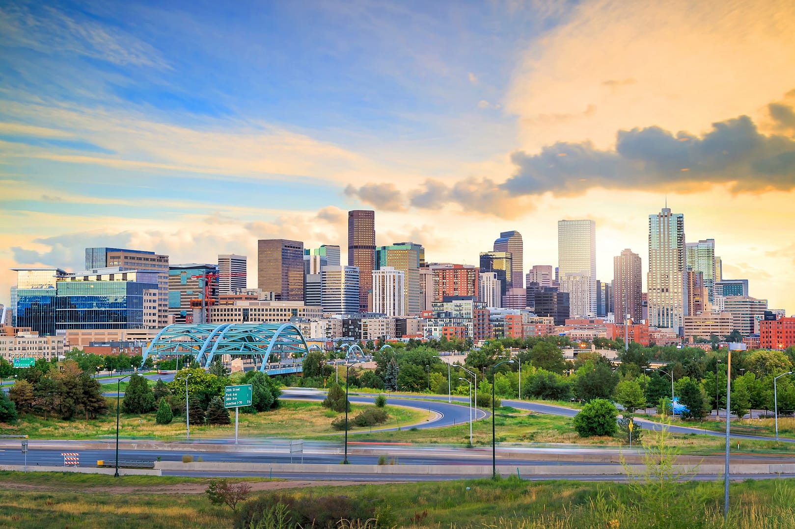 Panorama of Denver skyline at twilight