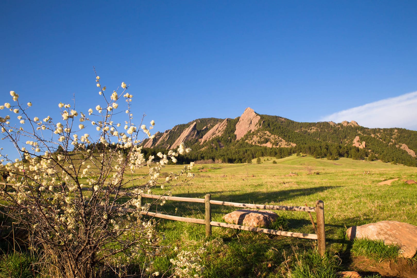 View of Flatirons Mountains seen from Chautauqua Open Space Park in Boulder, Colorado