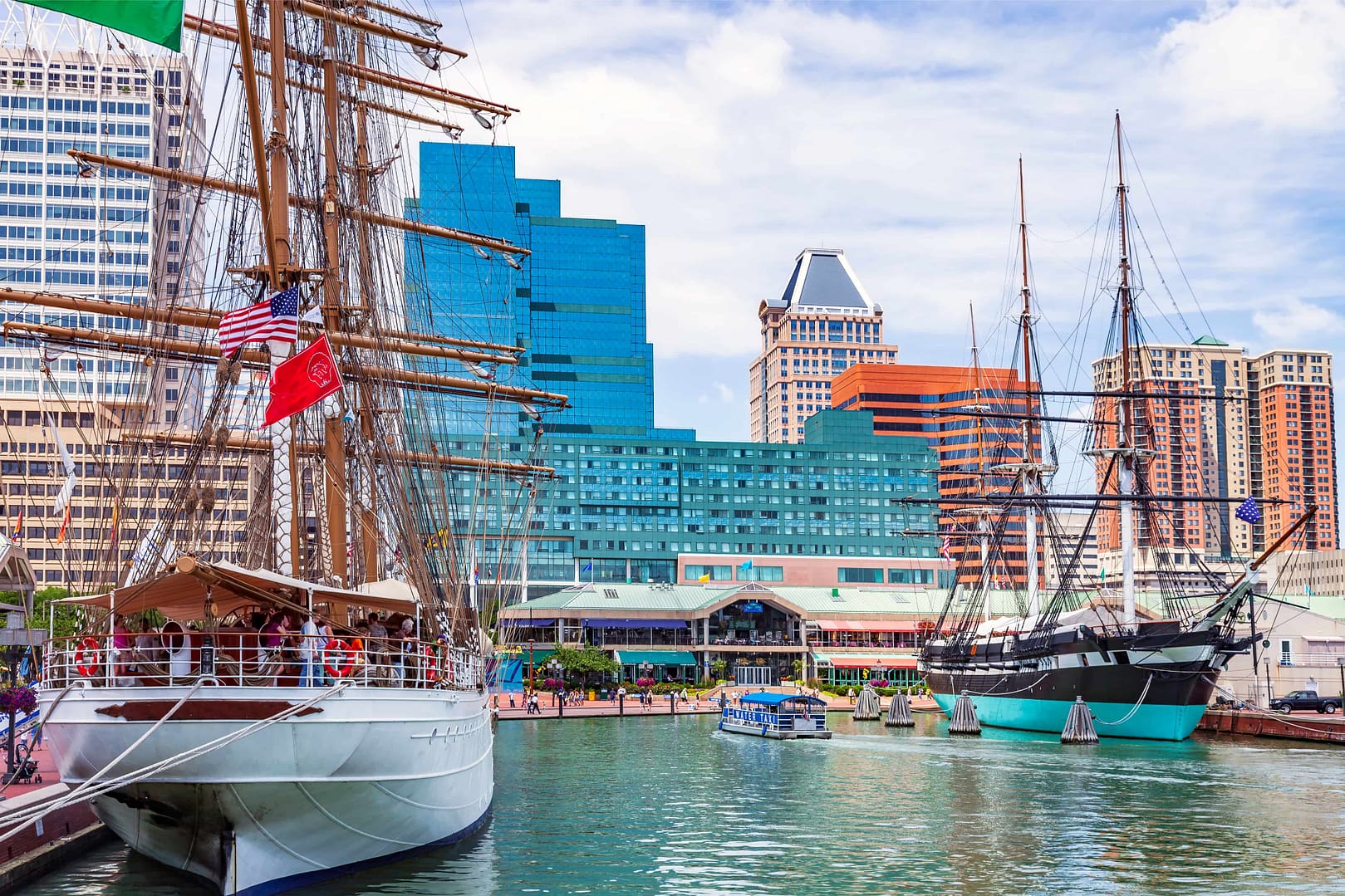 The Baltimore skyline frames the Baltimore Inner Harbor and all of its attractions