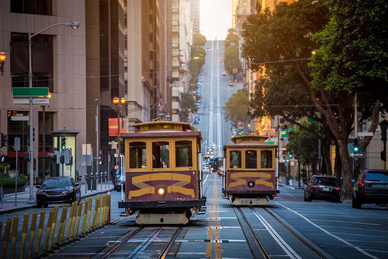 San Francisco cable cars on California Street at sunrise, California, USA