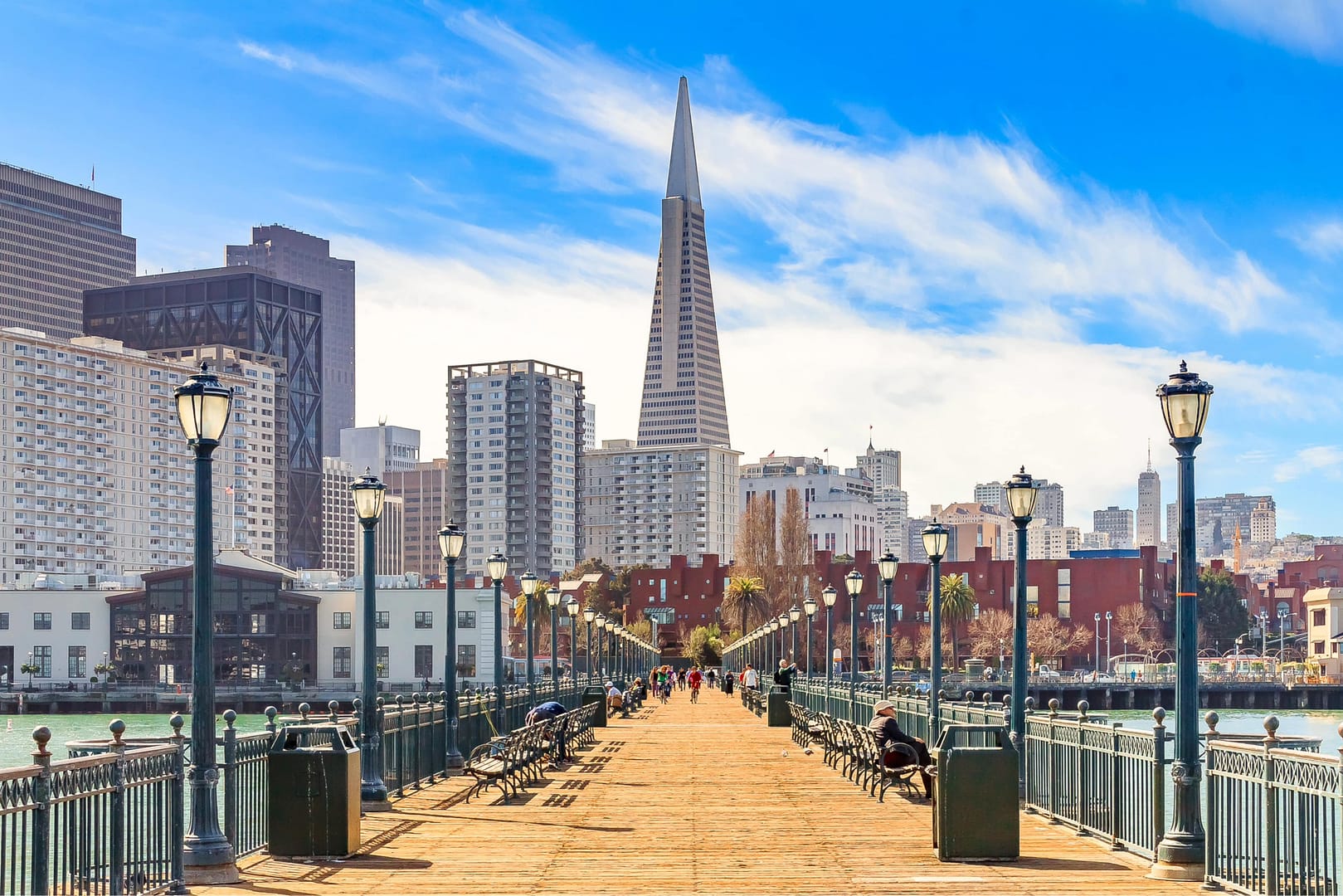 Downton San Francisco and and the Transamerica Pyramid from wooden Pier 7 on a foggy day
