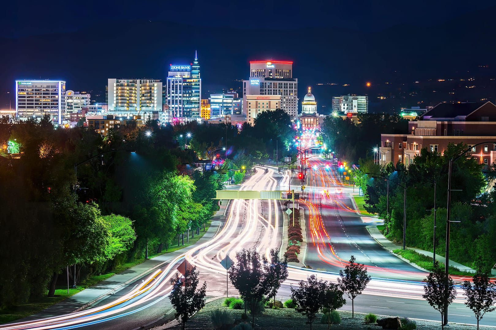 Boise cityscape at night with traffic light