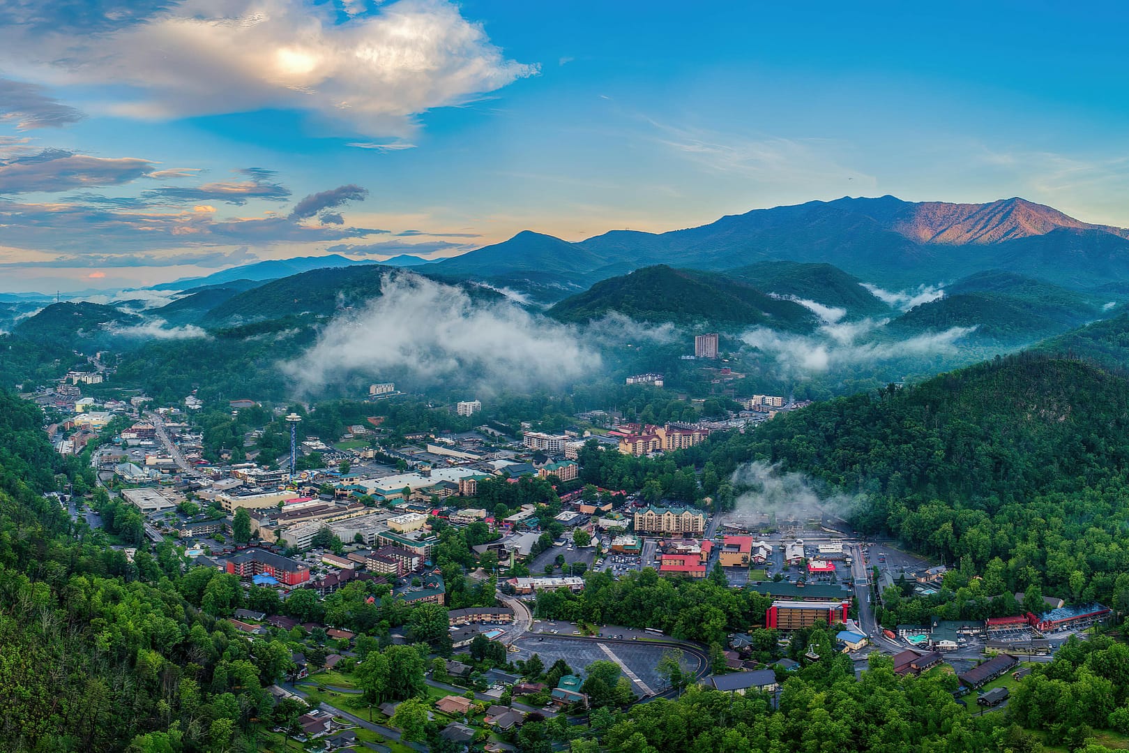 Aerial view of downtown in Gatlinburg, Tennessee, USA