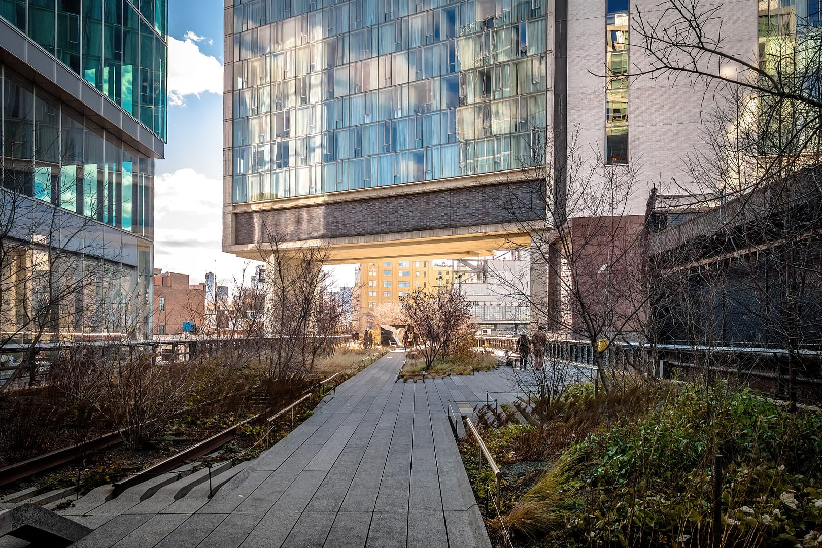 Pedestrian path in The High Line with modern glass buildings, a covered walkway overhead, and scattered green foliage under a clear sky