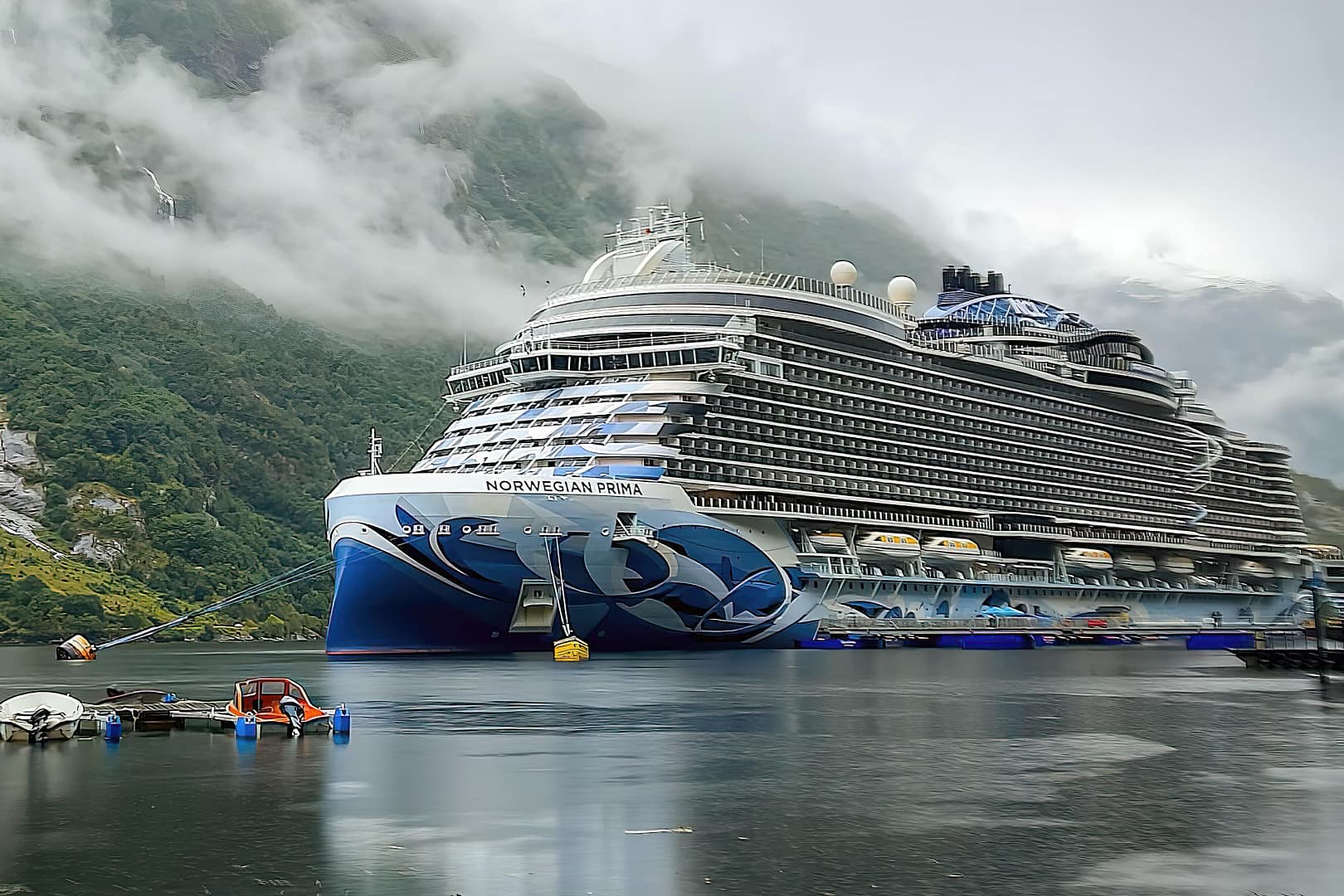 Large Norwegian Cruise Line Prima cruise ship docked in a misty fjord with small boats nearby and green mountains in the background
