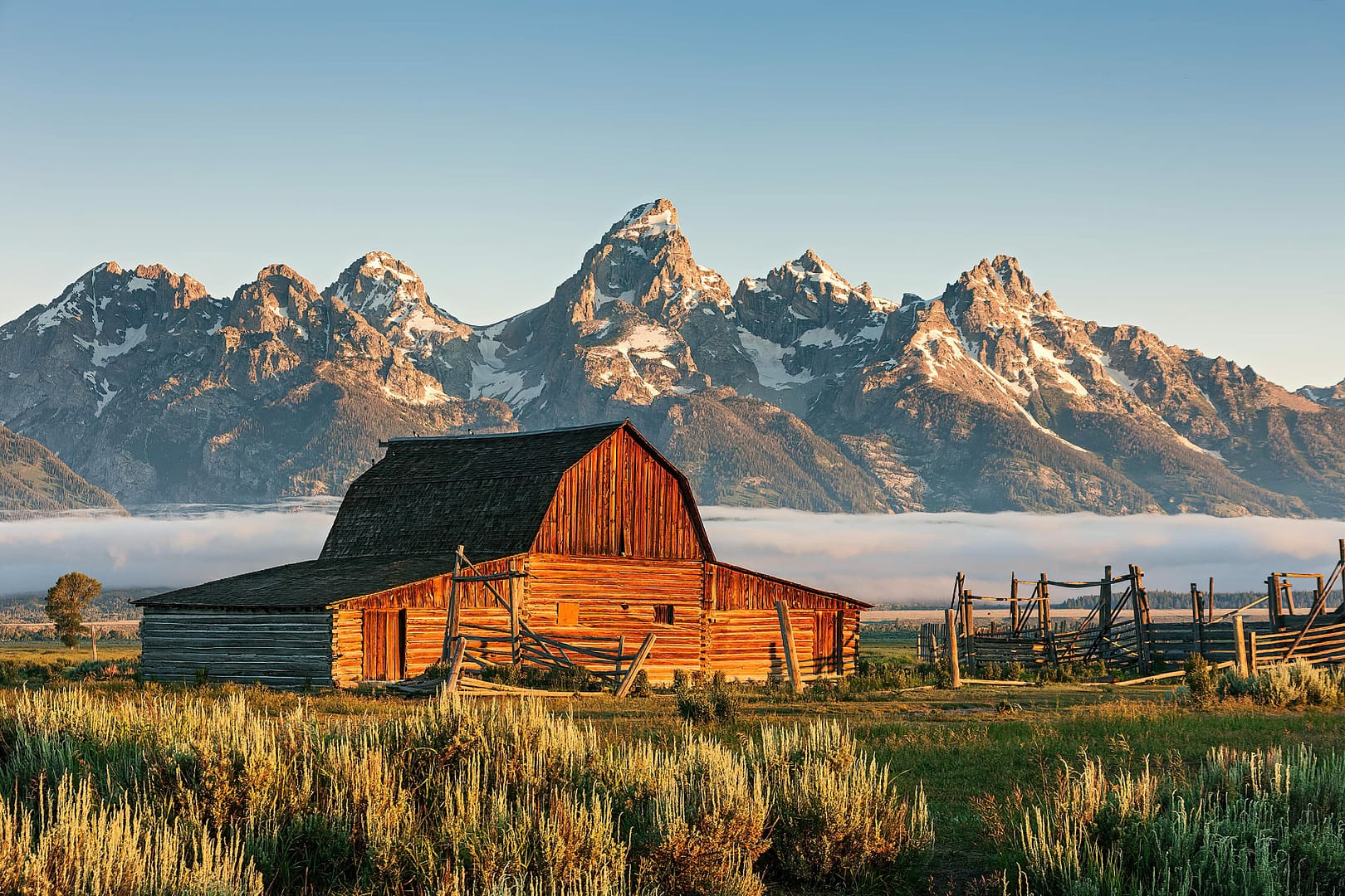 A sunrise of Moulton Barn in the Grand Teton National Park, WY