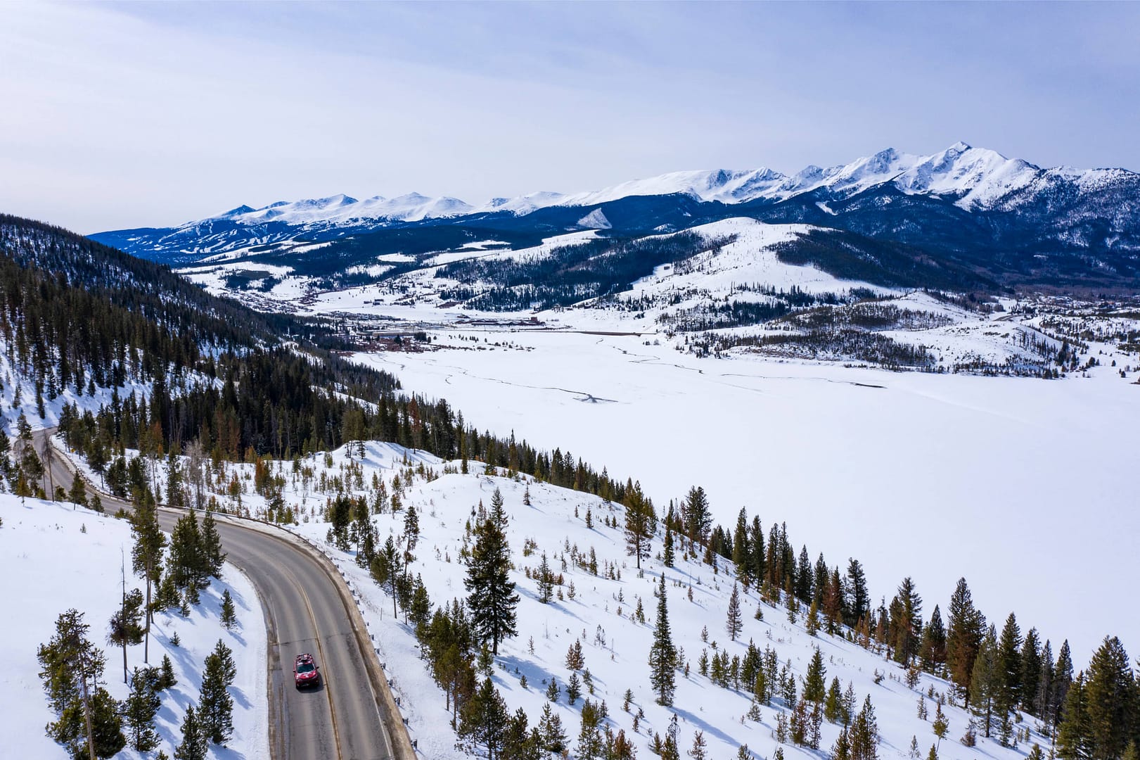 Winter car driving highway aerial leaving Breckenridge Frisco Area Ski Resorts