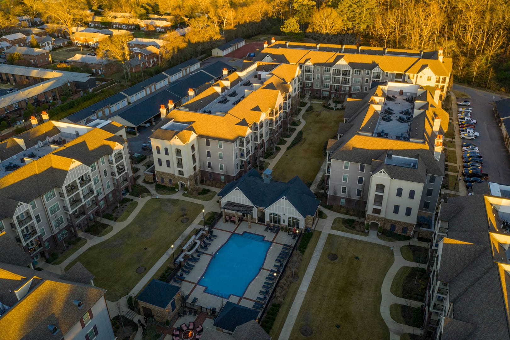 Aerial view of residential apartments with swimming pool in Birmingham neighborhoods, Alabama